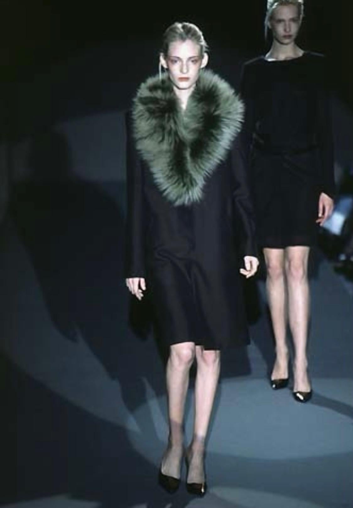 Black F/W 1997 Gucci by Tom Ford Wool Mohair Coat with Green Fur Trim Runway For Sale