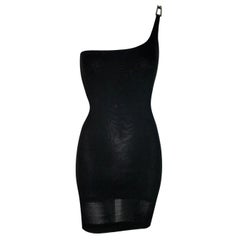 1998 Gucci Tom Ford Slinky Black One Shoulder Gucci Logo Buckle Mini Dress