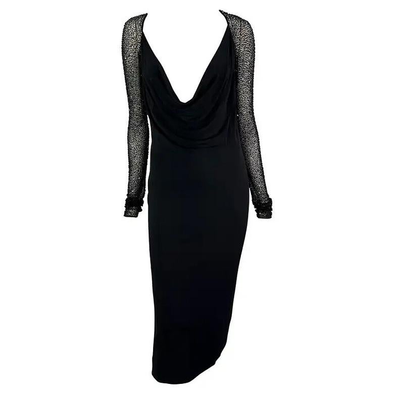 A/I 1997 Halston by Randolph Duke - Vestito nero con scollo a cappuccio e perline