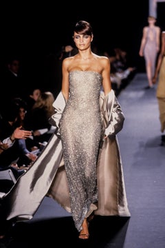 F/W 1997 Halston Runway Silver Heavily Beaded Strap Gown Opera Coat Set