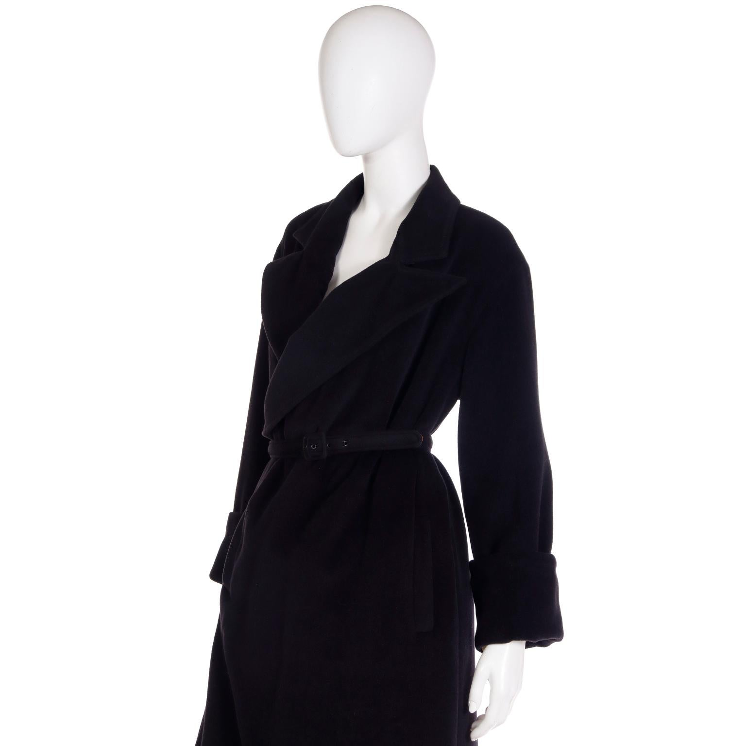 F/W 2000 Jean Paul Gaultier Black Angora Wool Coat with Belt & Signature LIning For Sale 2