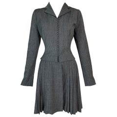 F/W 1997 John Galliano Gray & White Pinstripe School Girl Pleated Skirt Suit