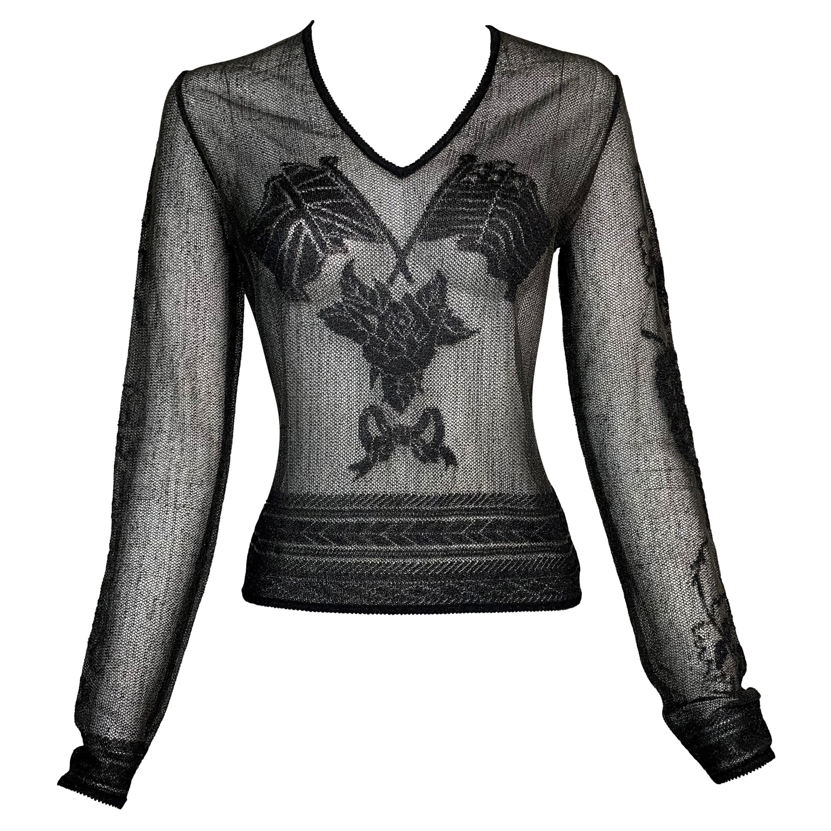 F/W 1997 John Galliano Runway Sheer Black Tattoo L/S Top