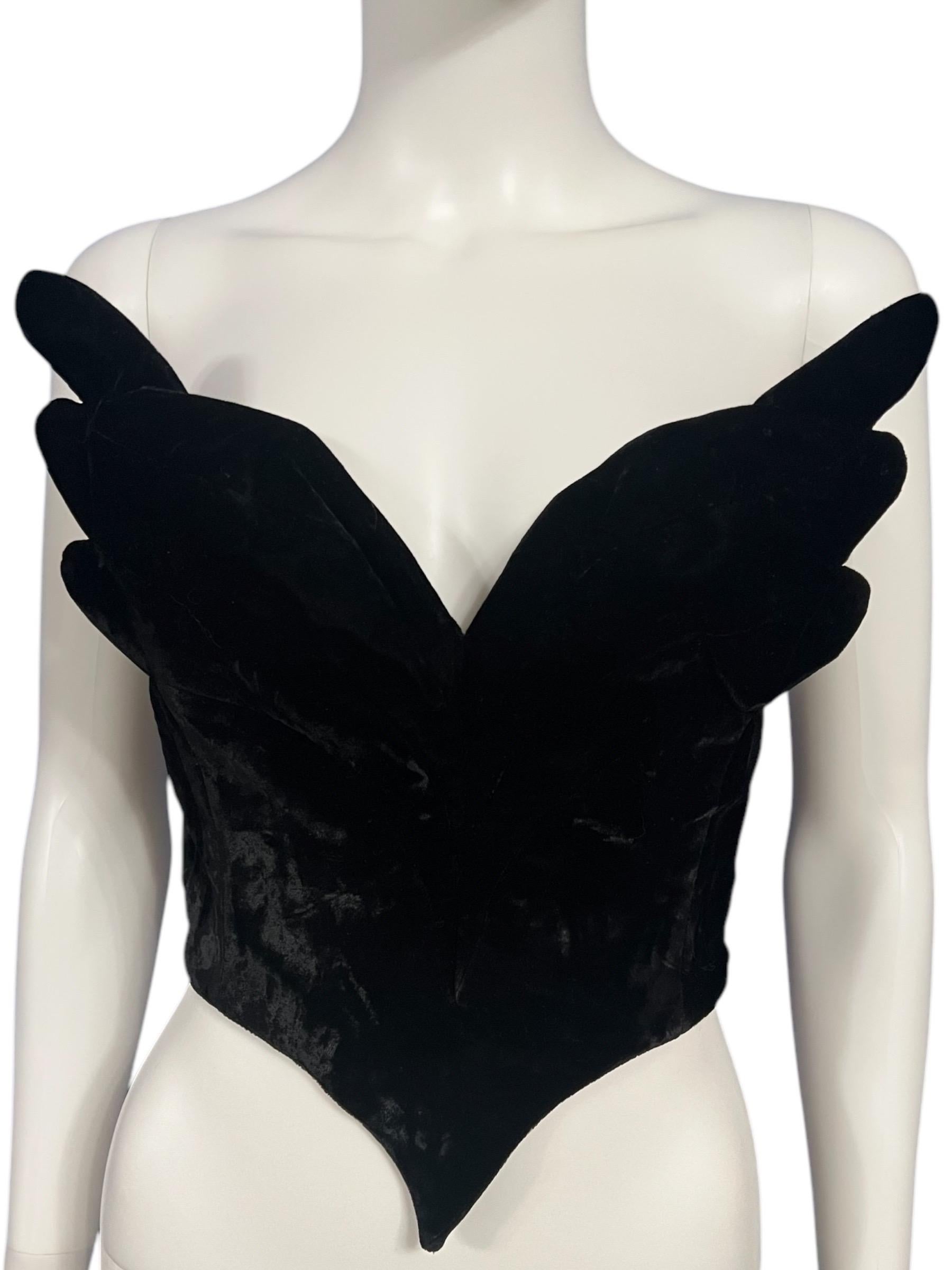 Black F/W 1987 Thierry Mugler Velvet Winged Bustier Corset Top For Sale