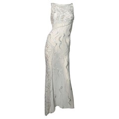 Vintage F/W 1998 Atelier Versace Runway Sheer Ivory Bridal Wedding Beaded Gown Dress