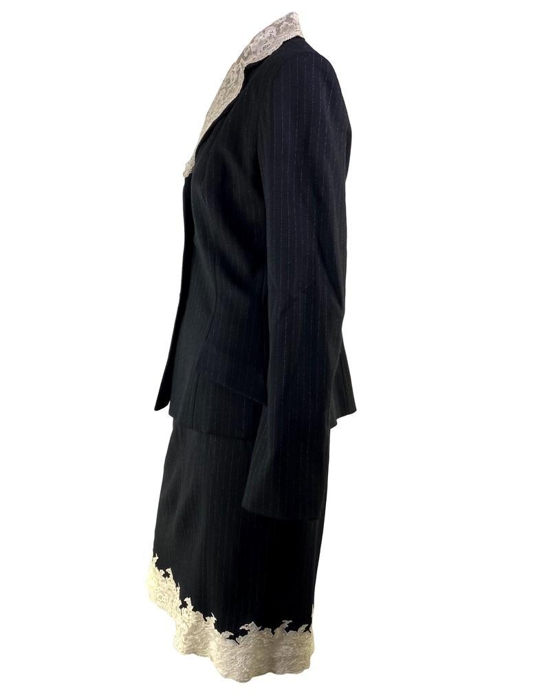 Black F/W 1998 Christian Dior by John Galliano Lace Trim Pinstripe Skirt Suit For Sale