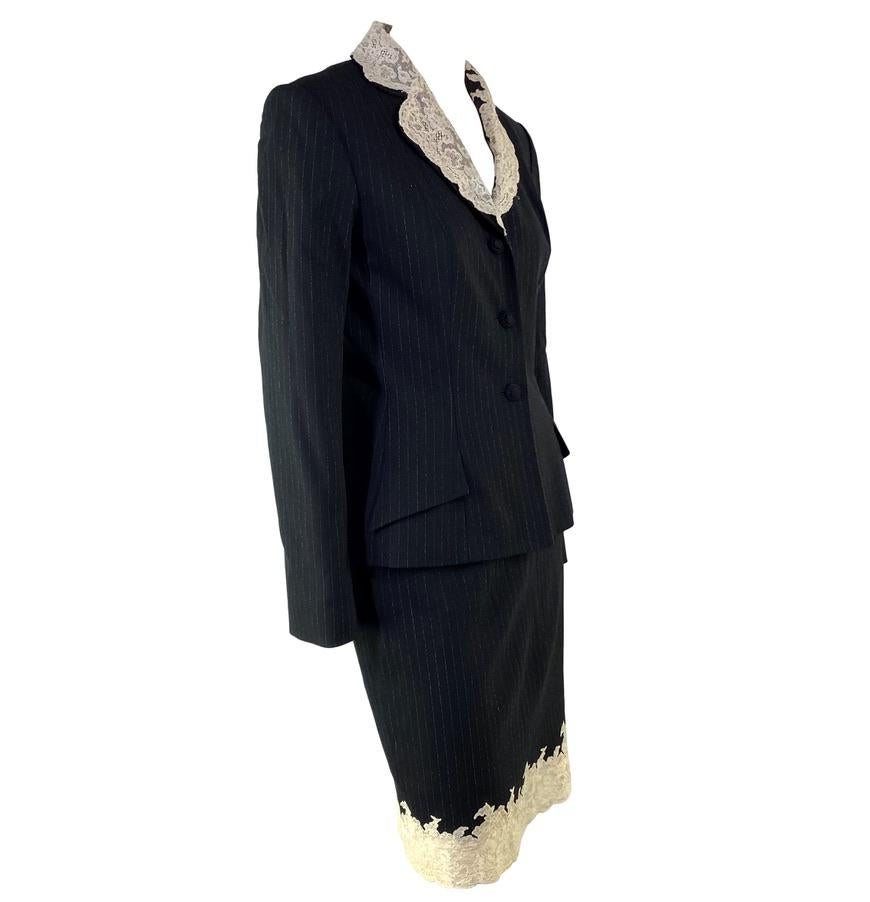 F/W 1998 Christian Dior by John Galliano Lace Trim Pinstripe Skirt Suit For Sale 2
