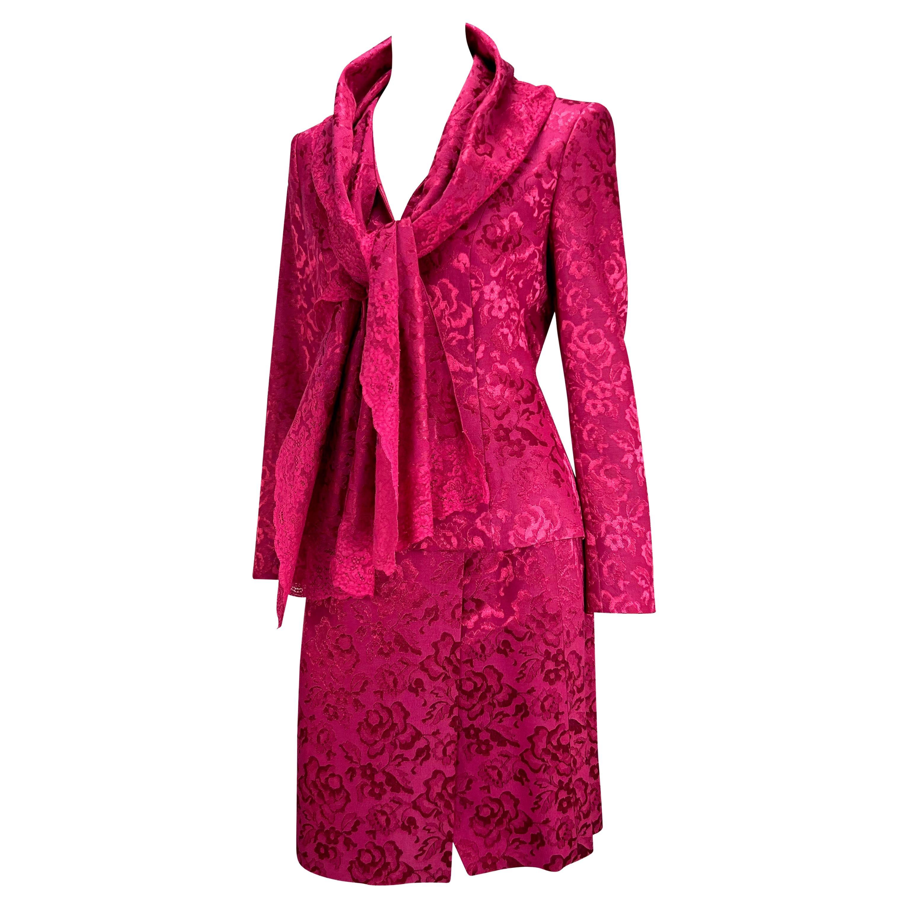 F/W 1998 Christian Dior by John Galliano Pink Floral Brocade Lace Skirt Suit In Excellent Condition For Sale In West Hollywood, CA