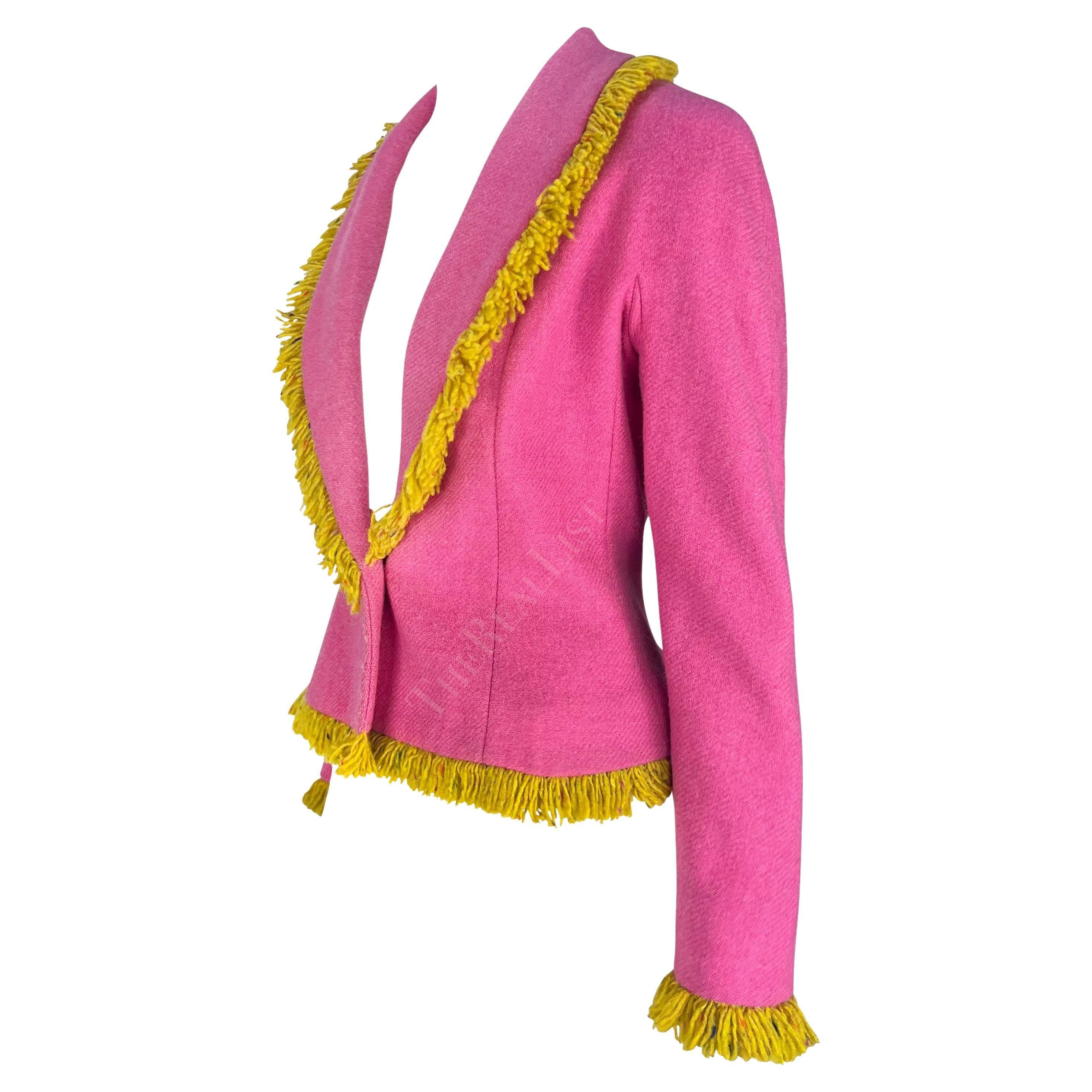 Donna A/I 1998 Christian Galliano for Christian Dior by John Galliano Blazer in lana rosa con frange gialle in vendita