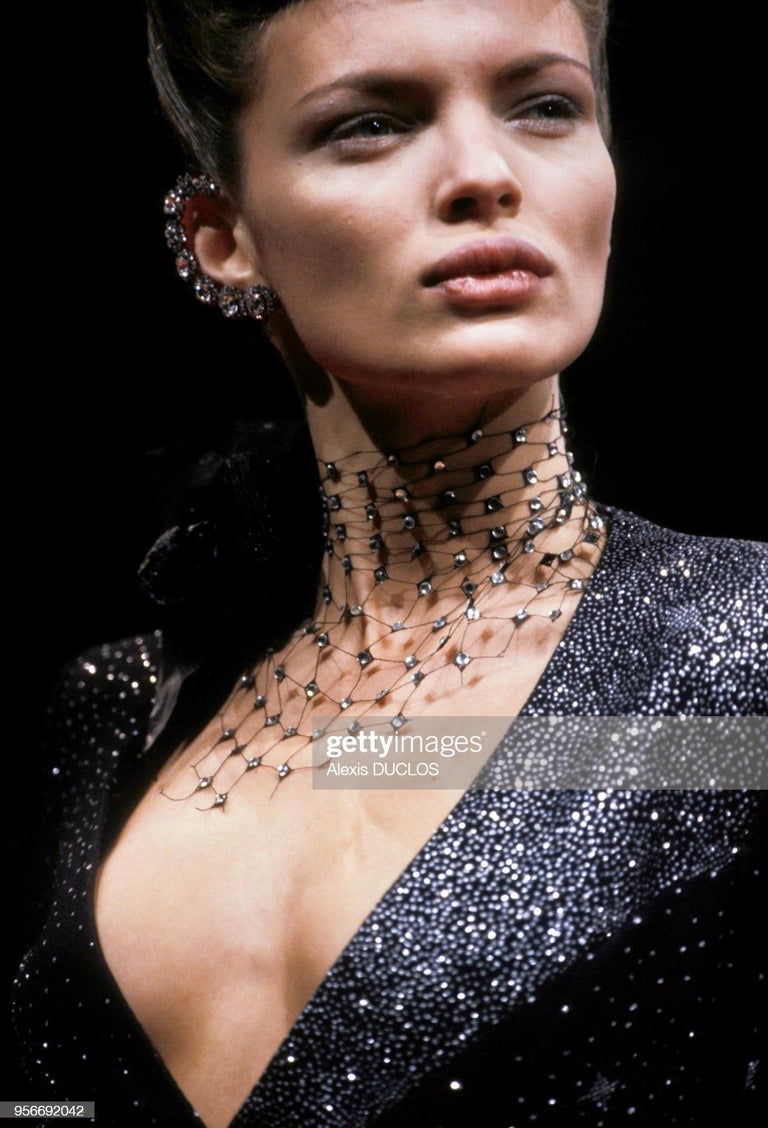 F/W 1998 Christian Lacroix Runway Black Glitter Starry Asymmetric High Slit Gown For Sale 1