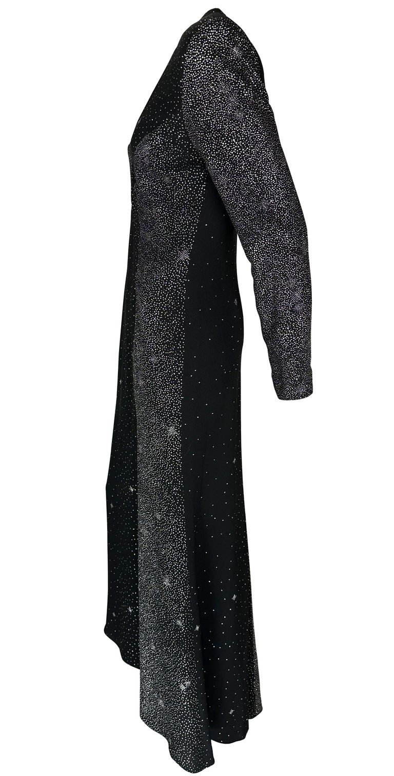 F/W 1998 Christian Lacroix Runway Black Glitter Starry Asymmetric High Slit Gown For Sale 2