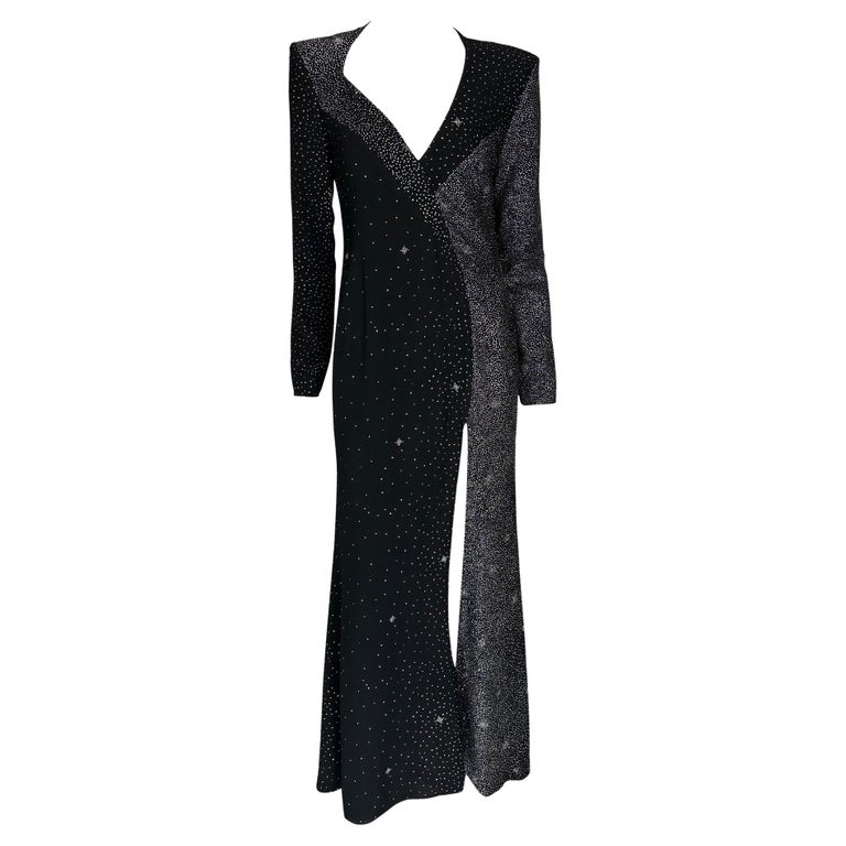 F/W 1998 Christian Lacroix Runway Black Glitter Starry Asymmetric High Slit Gown For Sale