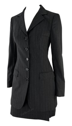 F/W 1998 Dolce & Gabbana Black Grey Pinstripe Fitted Mini Skirt Suit