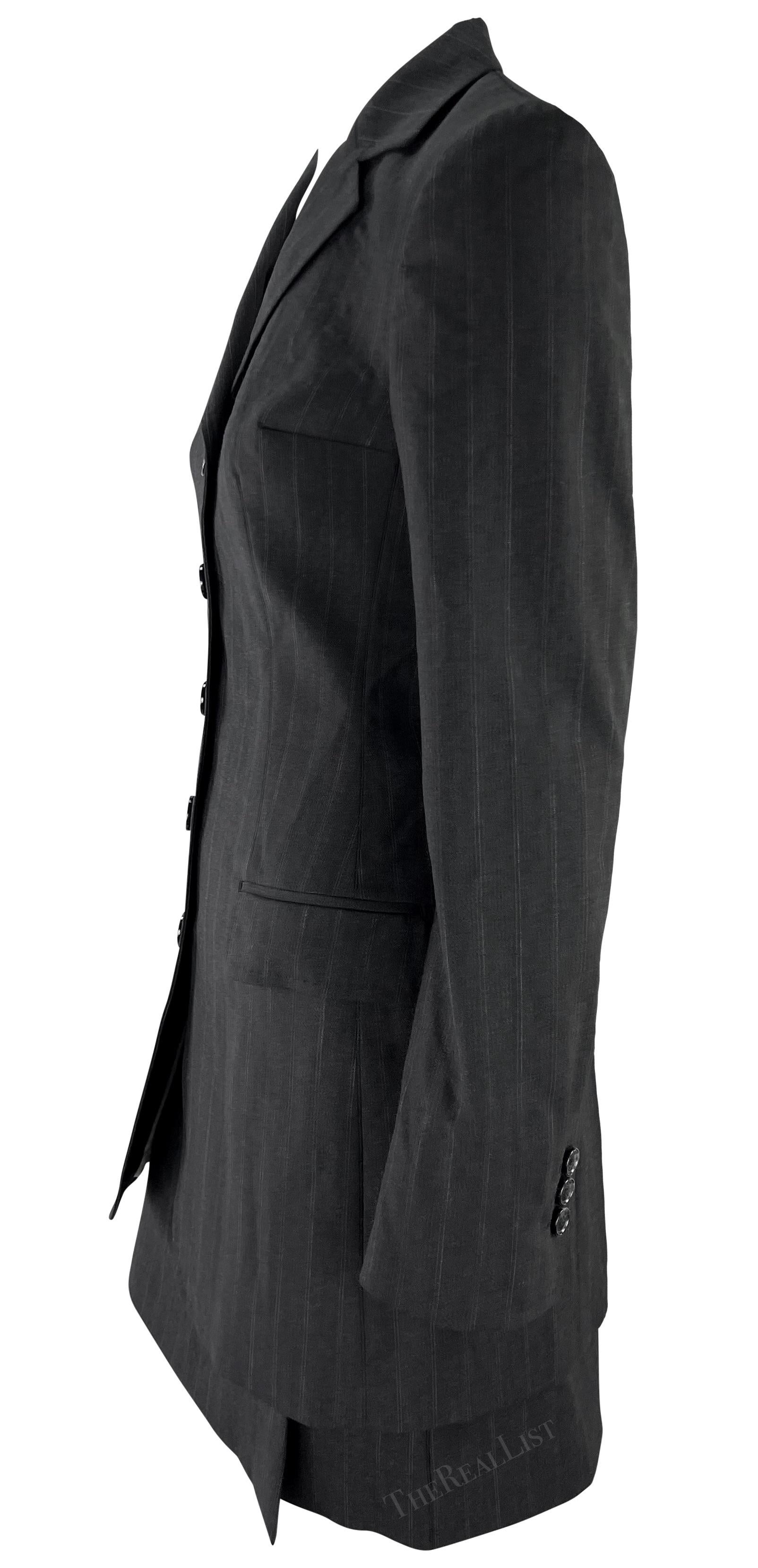 F/W 1998 Dolce & Gabbana Black Grey Pinstripe Fitted Mini Skirt Suit In Good Condition For Sale In West Hollywood, CA