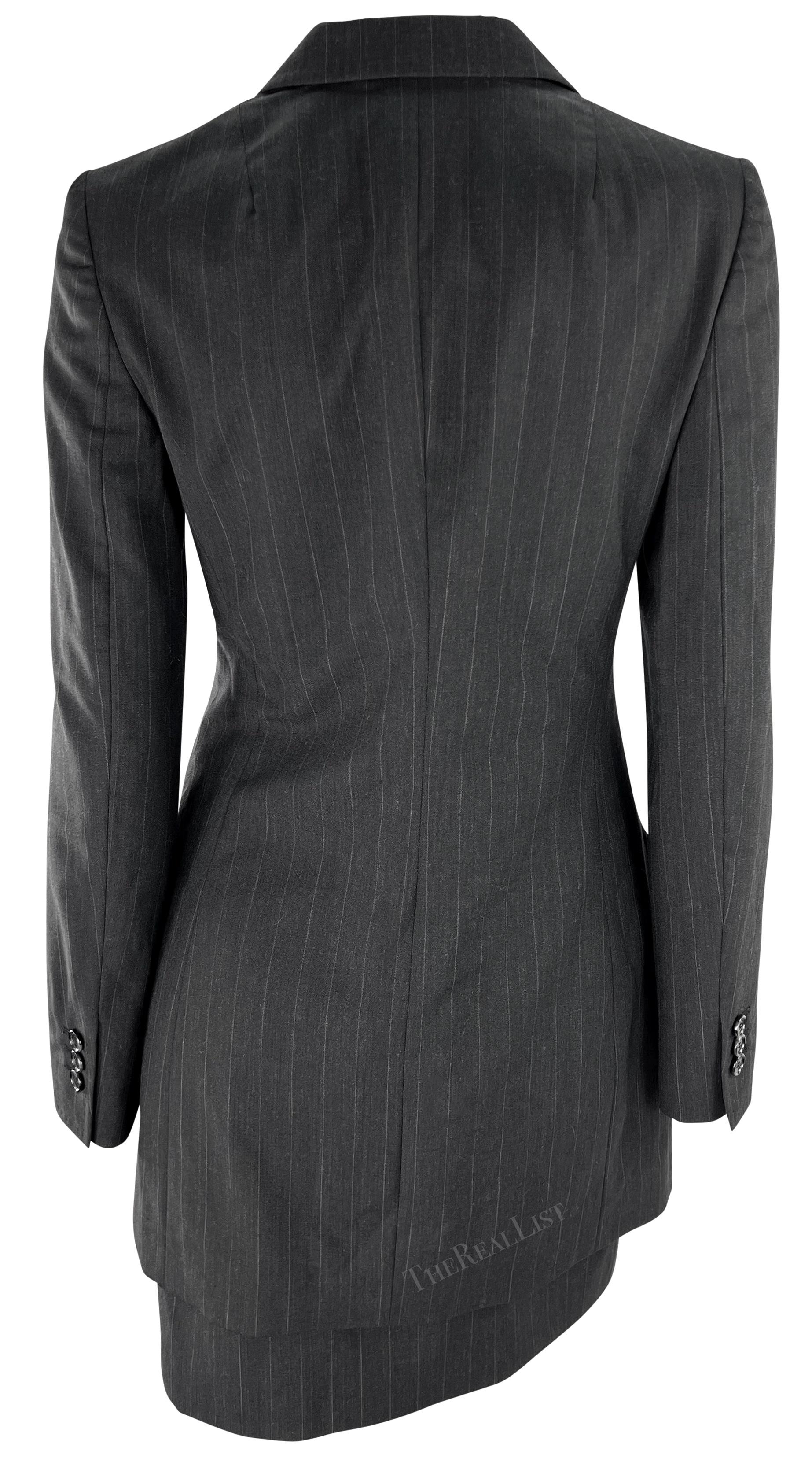 Women's F/W 1998 Dolce & Gabbana Black Grey Pinstripe Fitted Mini Skirt Suit For Sale