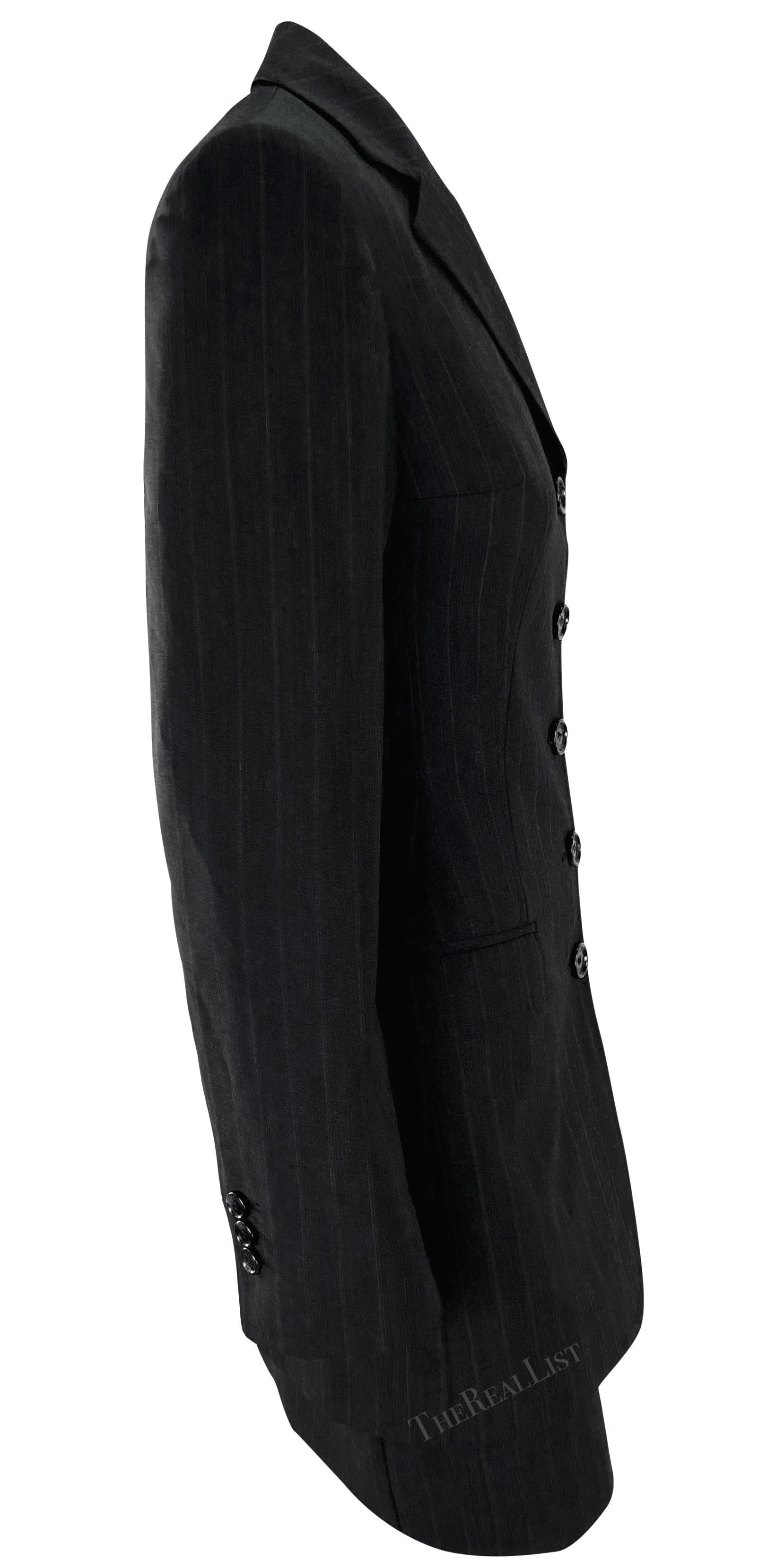 F/W 1998 Dolce & Gabbana Black Grey Pinstripe Fitted Mini Skirt Suit For Sale 1