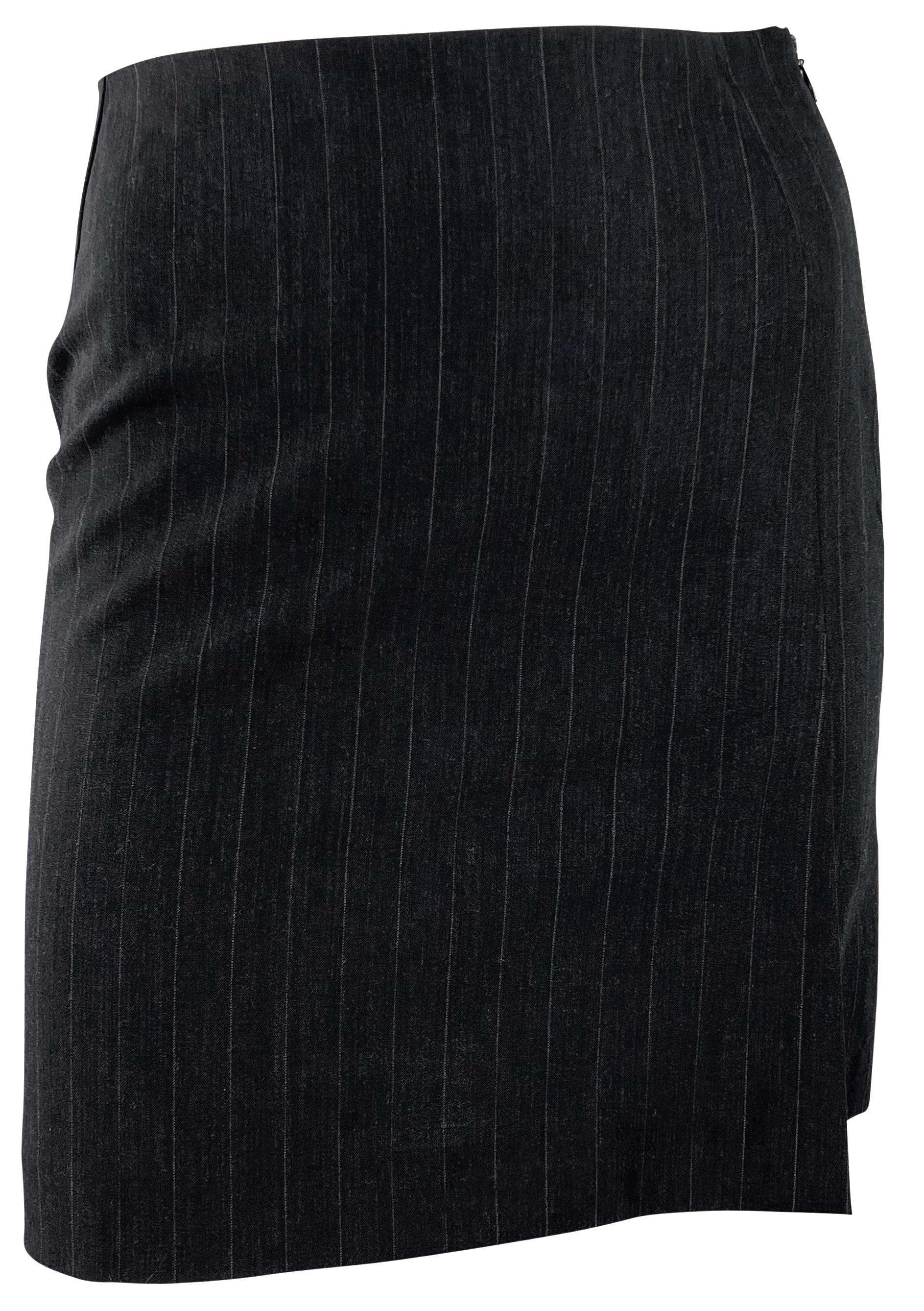 F/W 1998 Dolce & Gabbana Black Grey Pinstripe Fitted Mini Skirt Suit For Sale 3