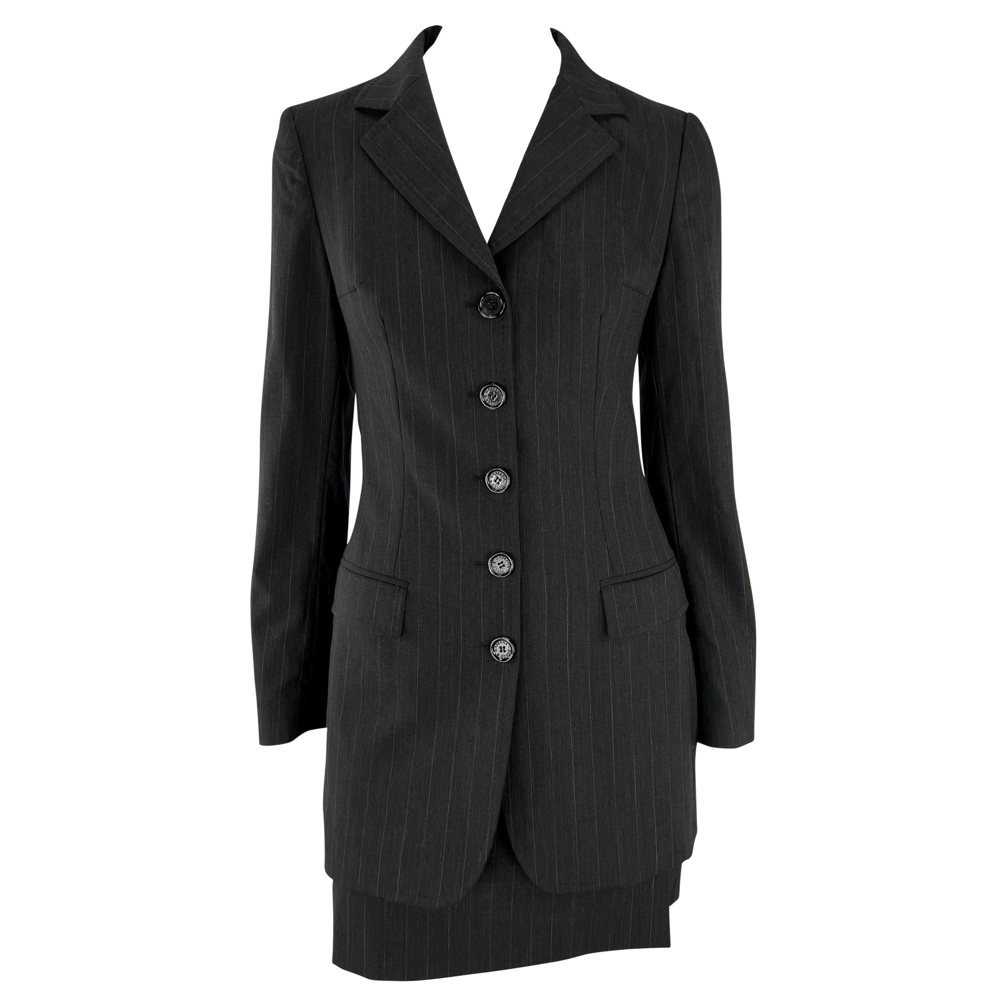 F/W 1998 Dolce & Gabbana Black Grey Pinstripe Fitted Mini Skirt Suit For Sale