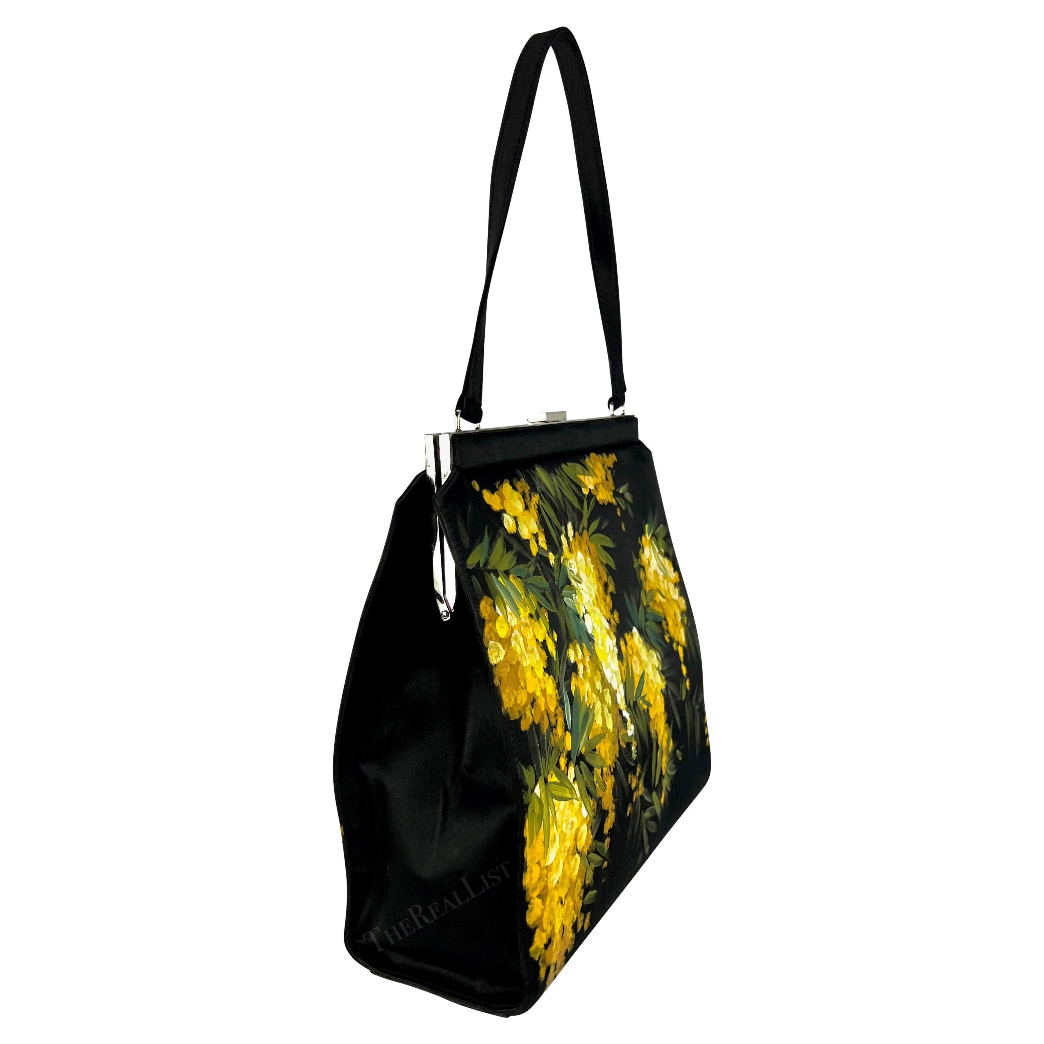 F/W 1998 Dolce & Gabbana Black Satin Hand-Painted Yellow Floral Top Handle  For Sale 7