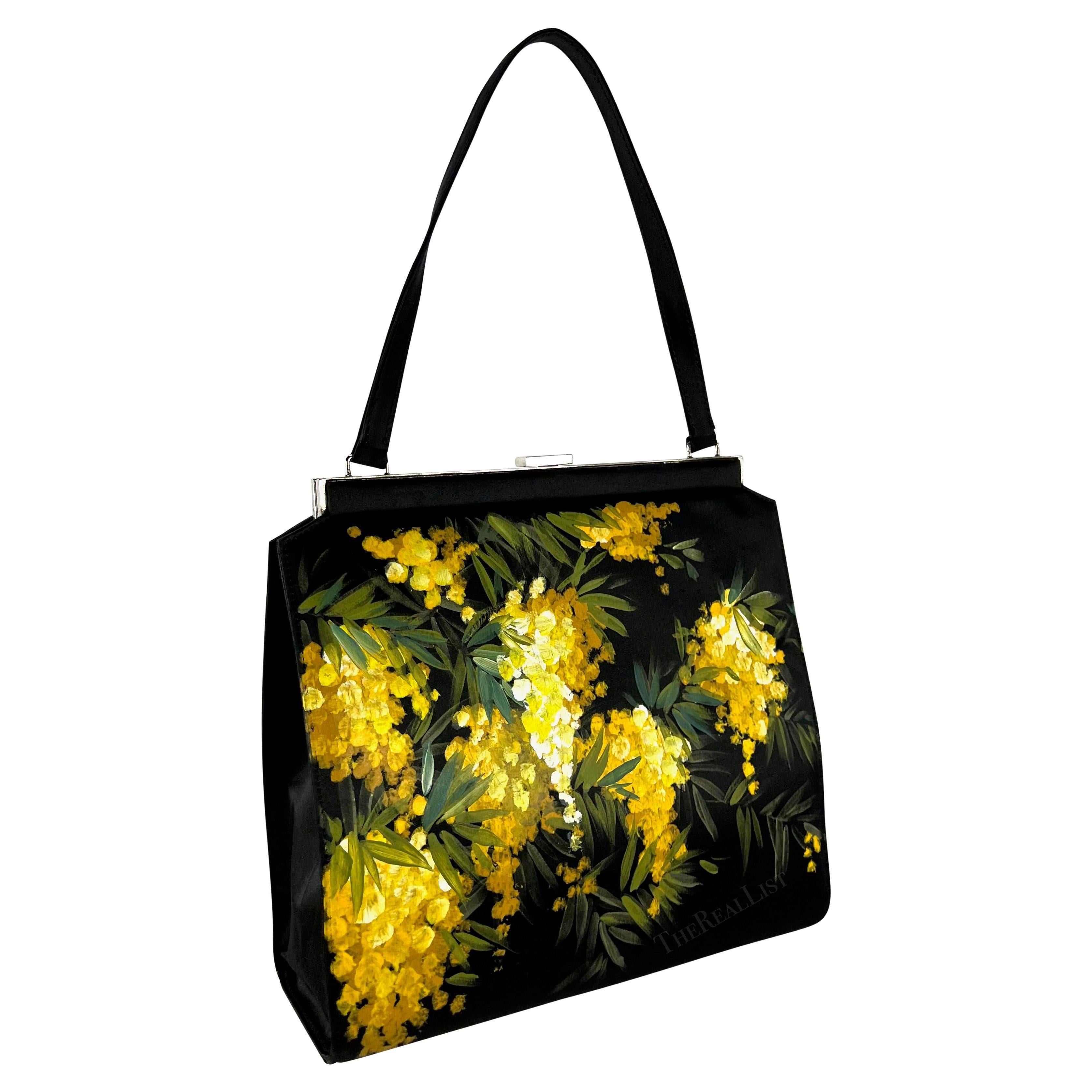 F/W 1998 Dolce & Gabbana Black Satin Hand-Painted Yellow Floral Top Handle  For Sale 8