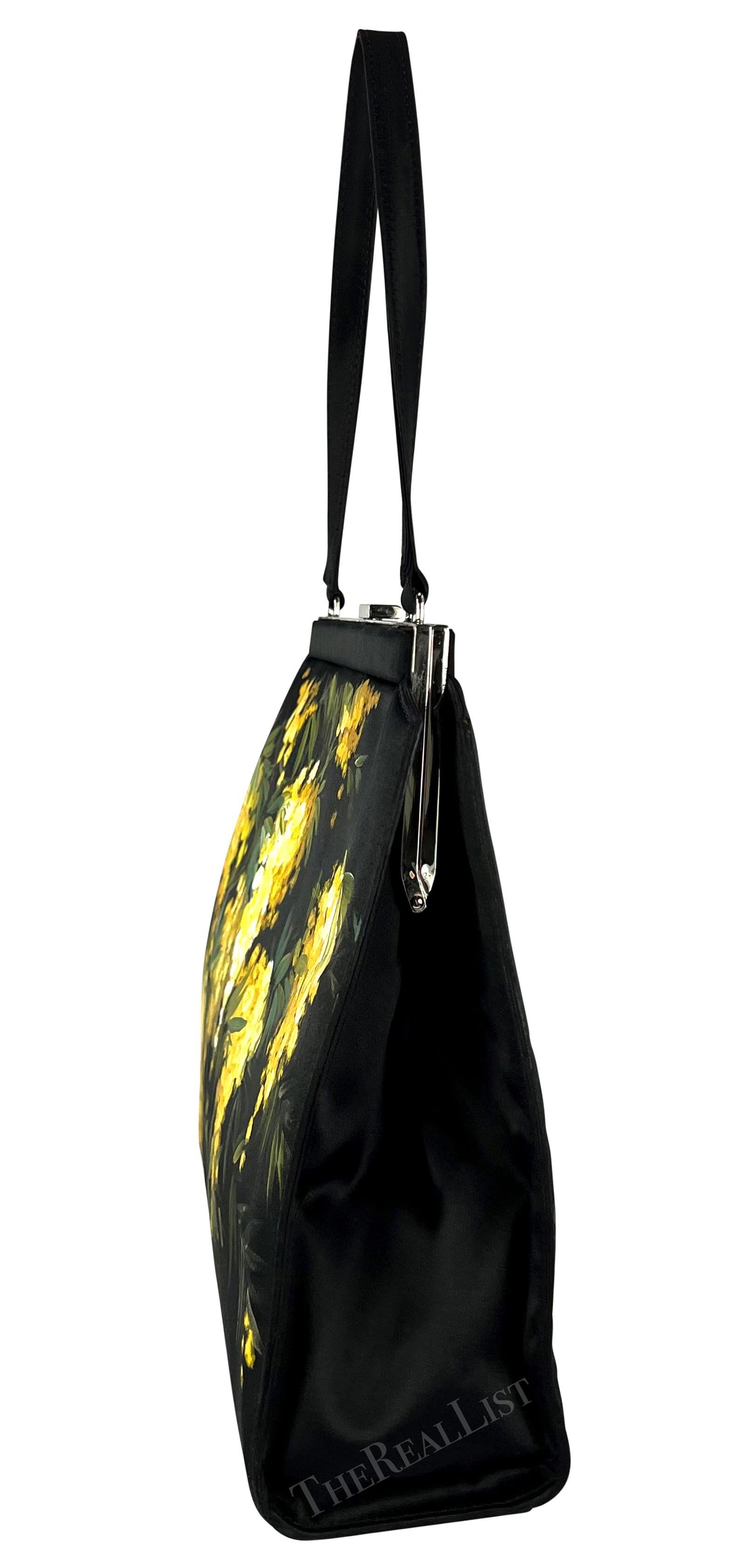 F/W 1998 Dolce & Gabbana Black Satin Hand-Painted Yellow Floral Top Handle  In Excellent Condition For Sale In West Hollywood, CA