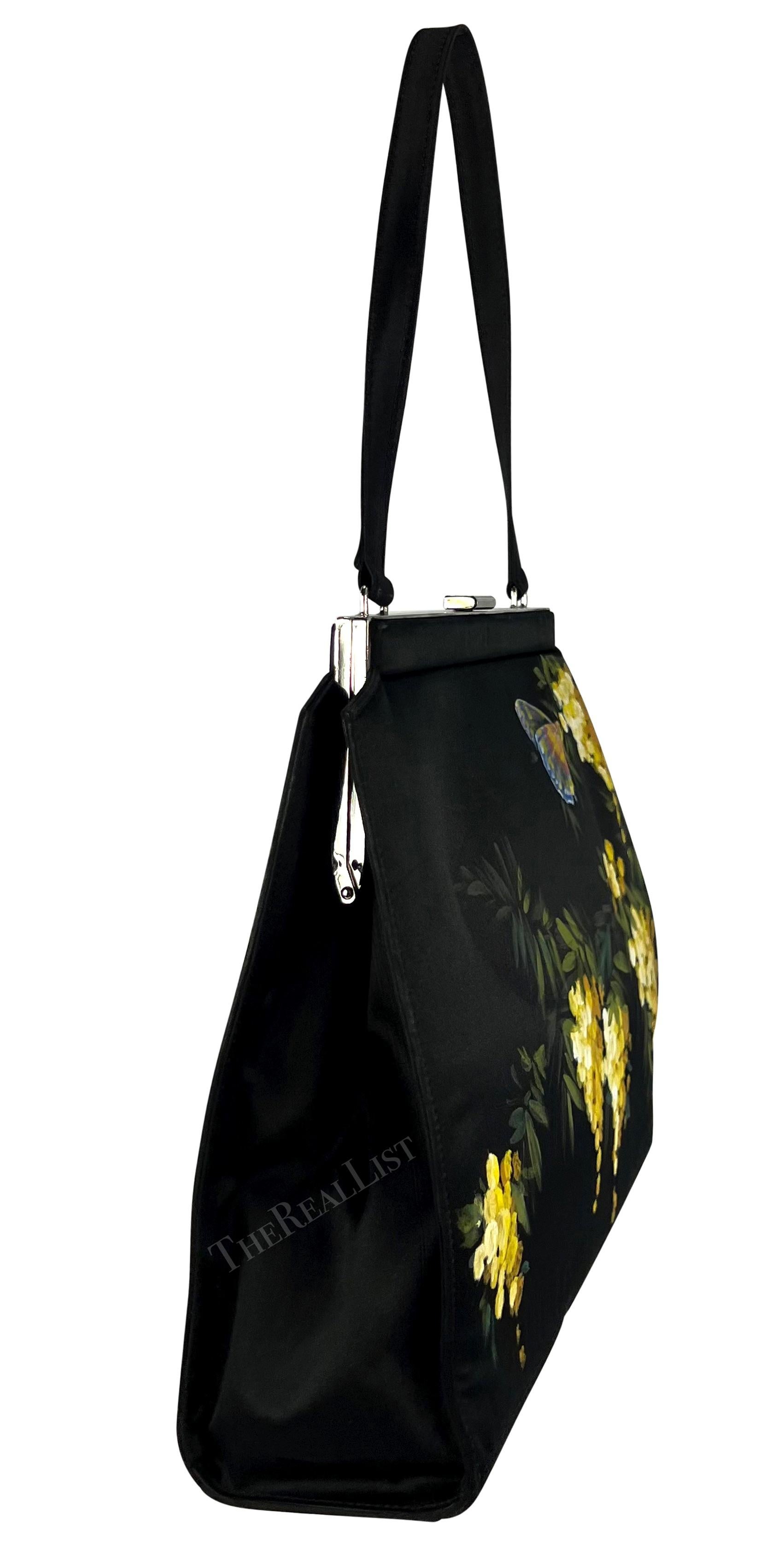 Women's F/W 1998 Dolce & Gabbana Black Satin Hand-Painted Yellow Floral Top Handle  For Sale