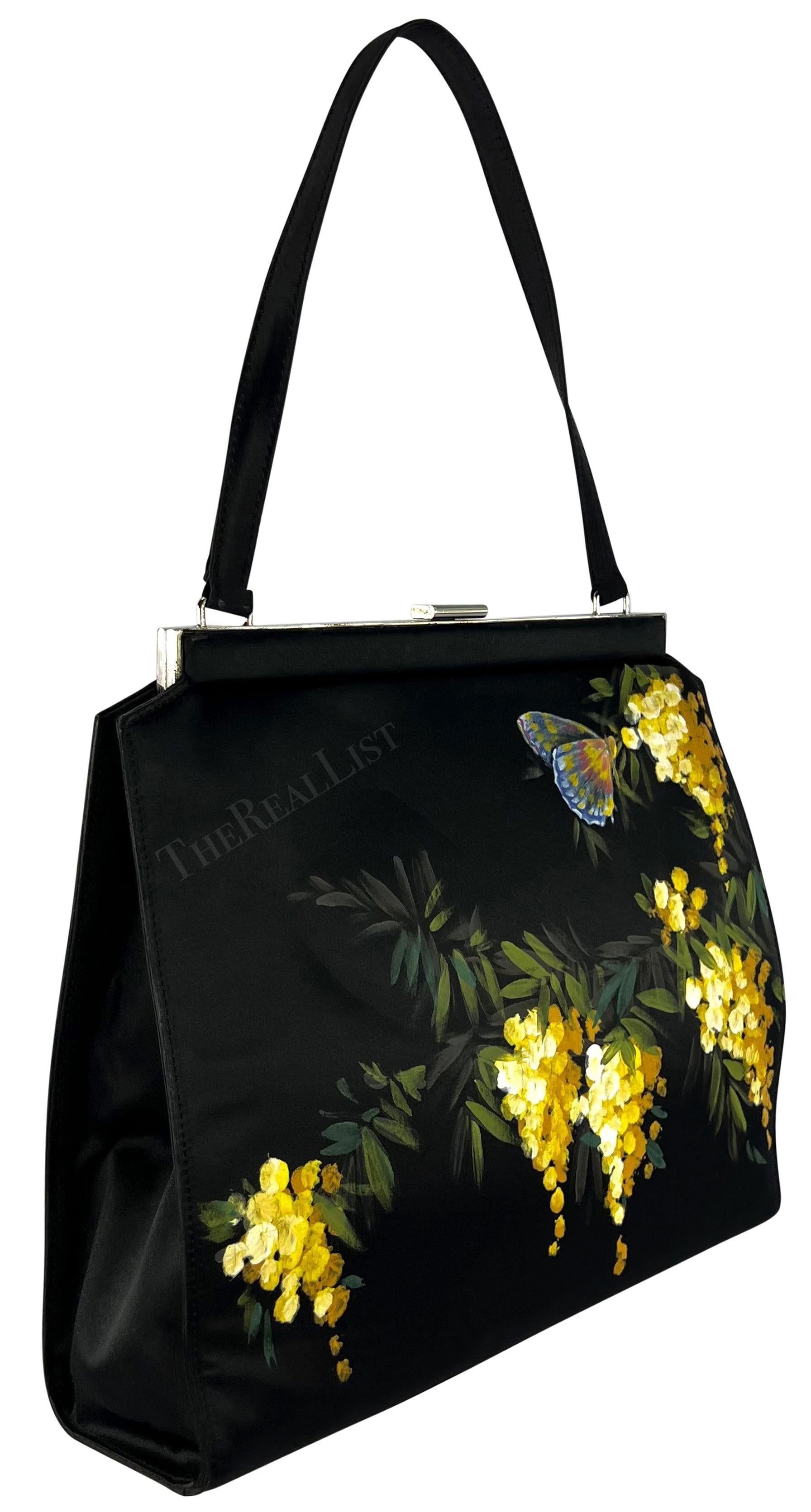 F/W 1998 Dolce & Gabbana Satin noir peint à la main floral jaune Top Handle Excellent état - En vente à West Hollywood, CA
