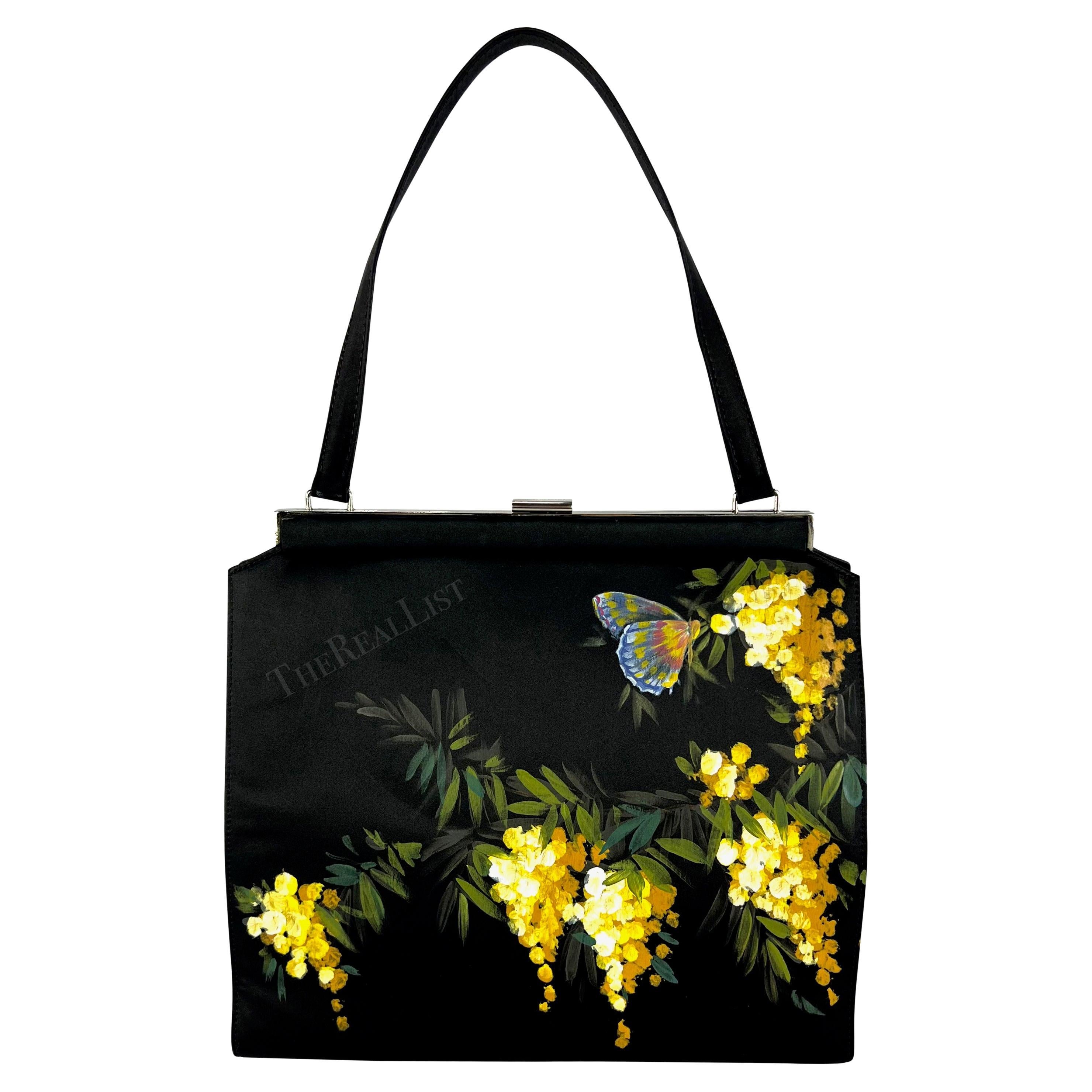 F/W 1998 Dolce & Gabbana Black Satin Hand-Painted Yellow Floral Top Handle  For Sale 3