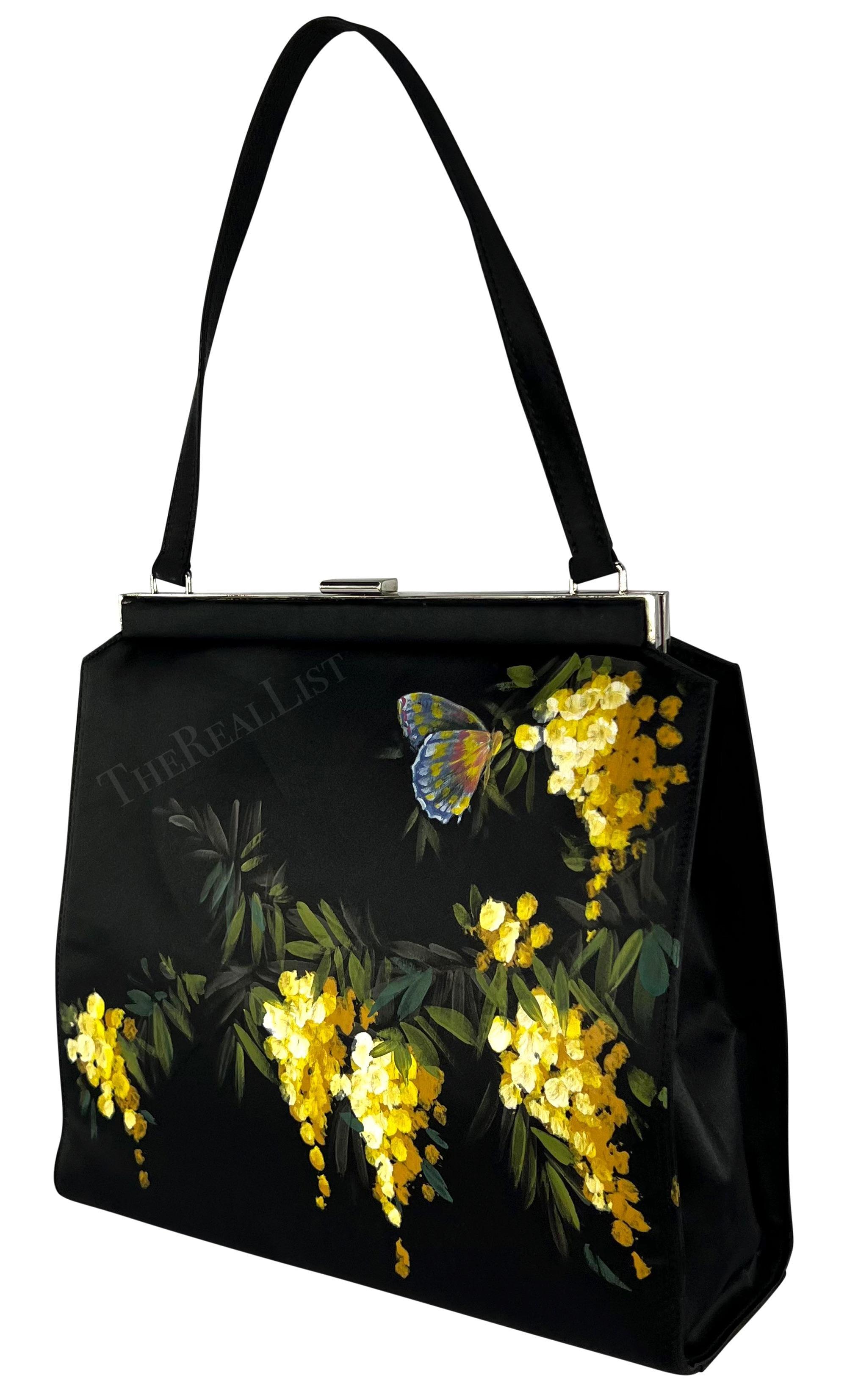 F/W 1998 Dolce & Gabbana Satin noir peint à la main floral jaune Top Handle en vente 2