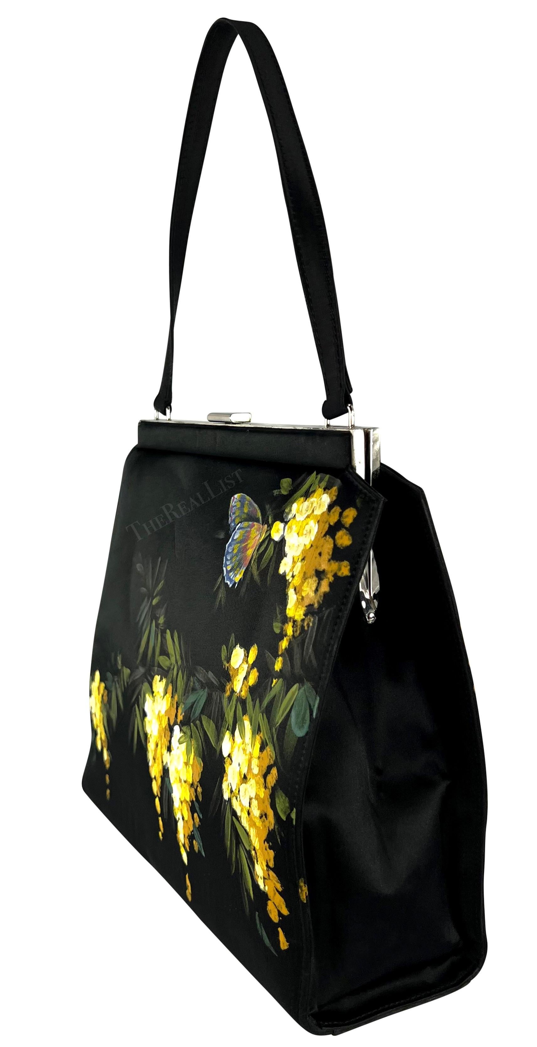 F/W 1998 Dolce & Gabbana Black Satin Hand-Painted Yellow Floral Top Handle  For Sale 5