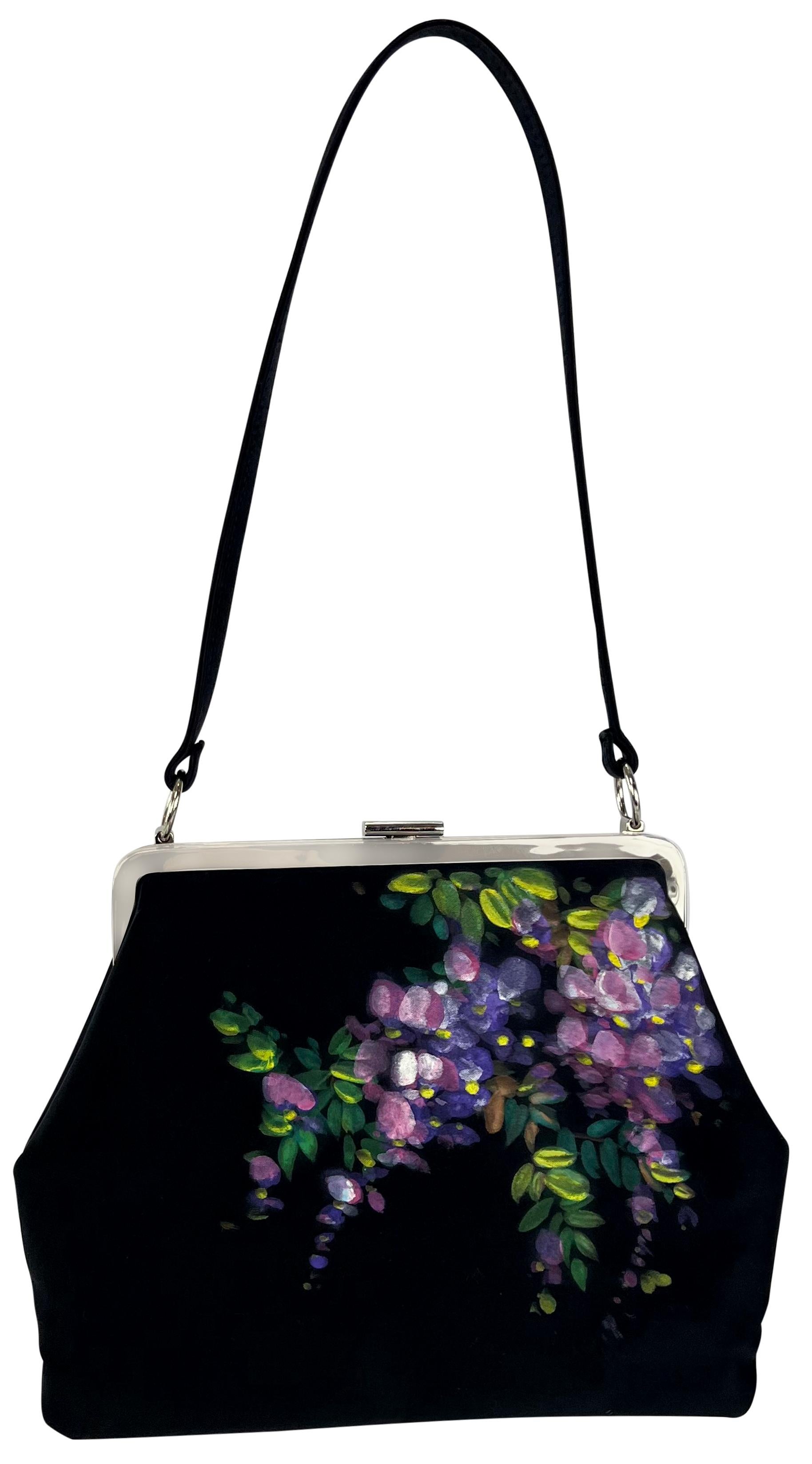 F/W 1998 Dolce & Gabbana Hand-Painted Floral Black Satin Evening Bag For Sale 1