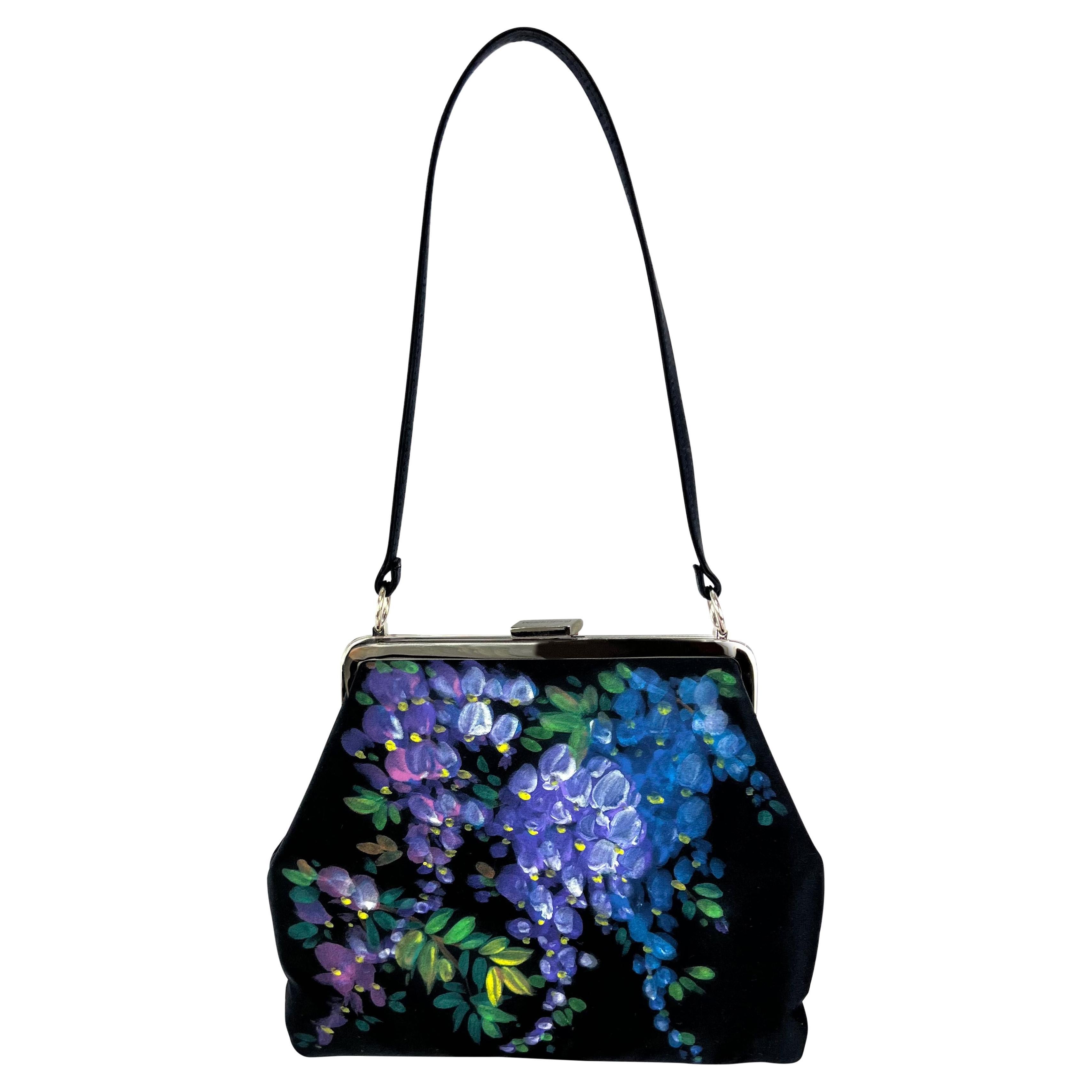 F/W 1998 Dolce & Gabbana Hand-Painted Floral Black Satin Evening Bag For Sale