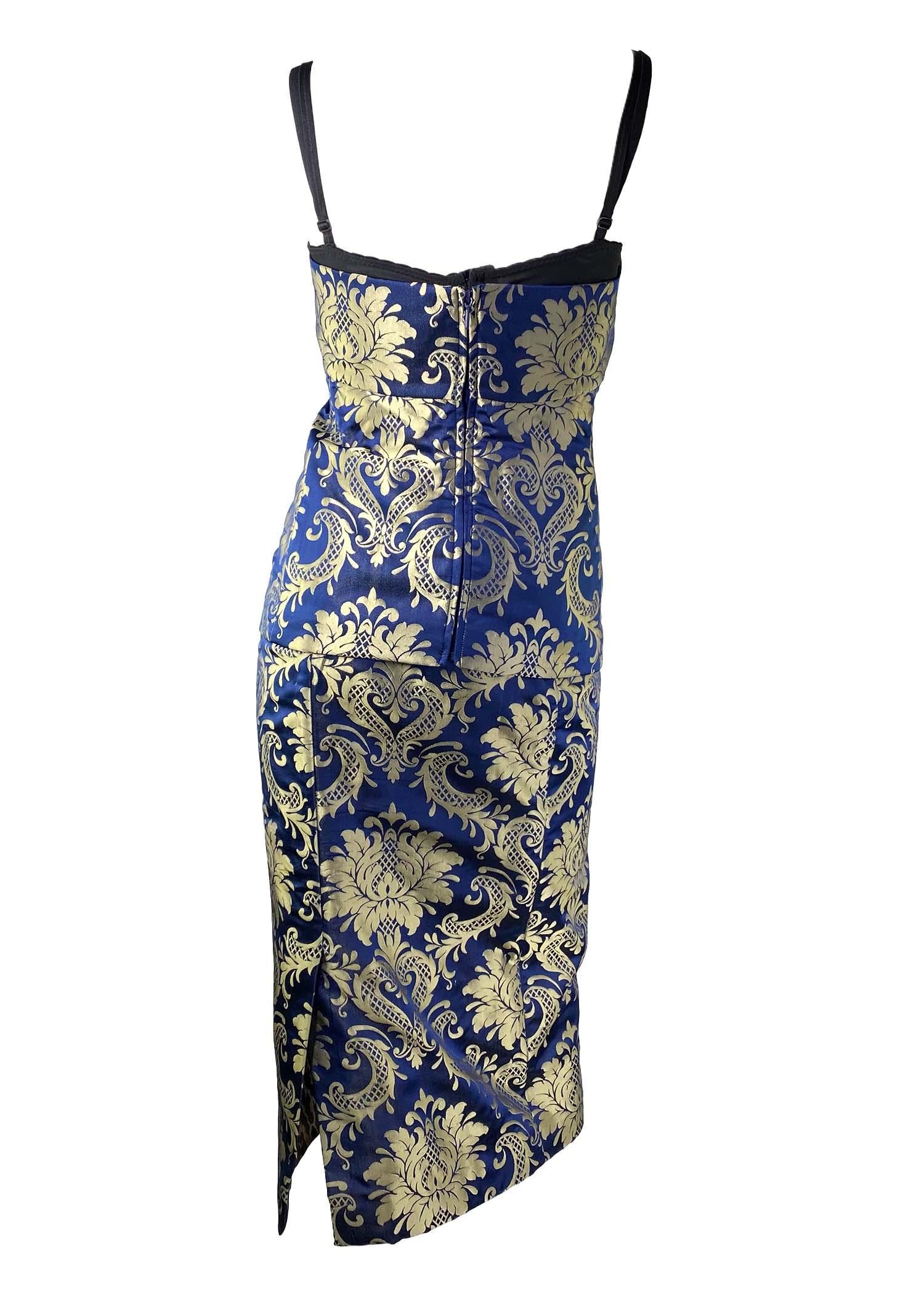 F/W 1998 Dolce & Gabbana Navy Gold Brocade Two Piece Dress Skirt Corset Set In Good Condition For Sale In West Hollywood, CA