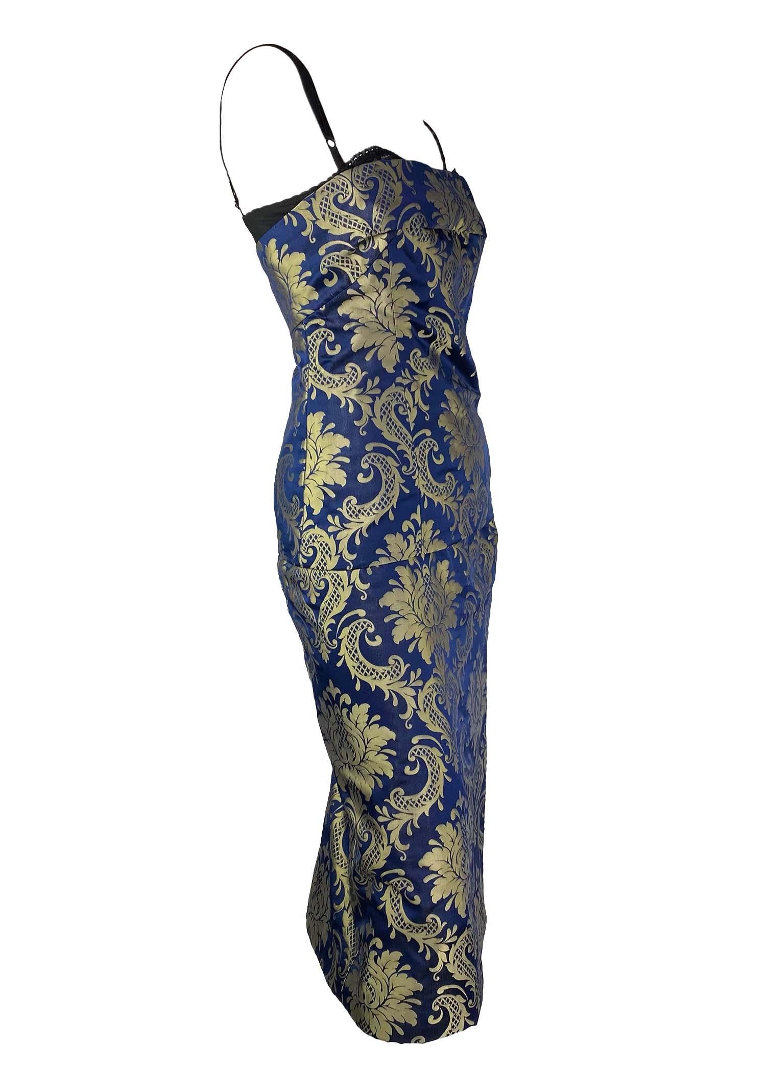Women's or Men's F/W 1998 Dolce & Gabbana Navy Gold Brocade Two Piece Dress Skirt Corset Set For Sale