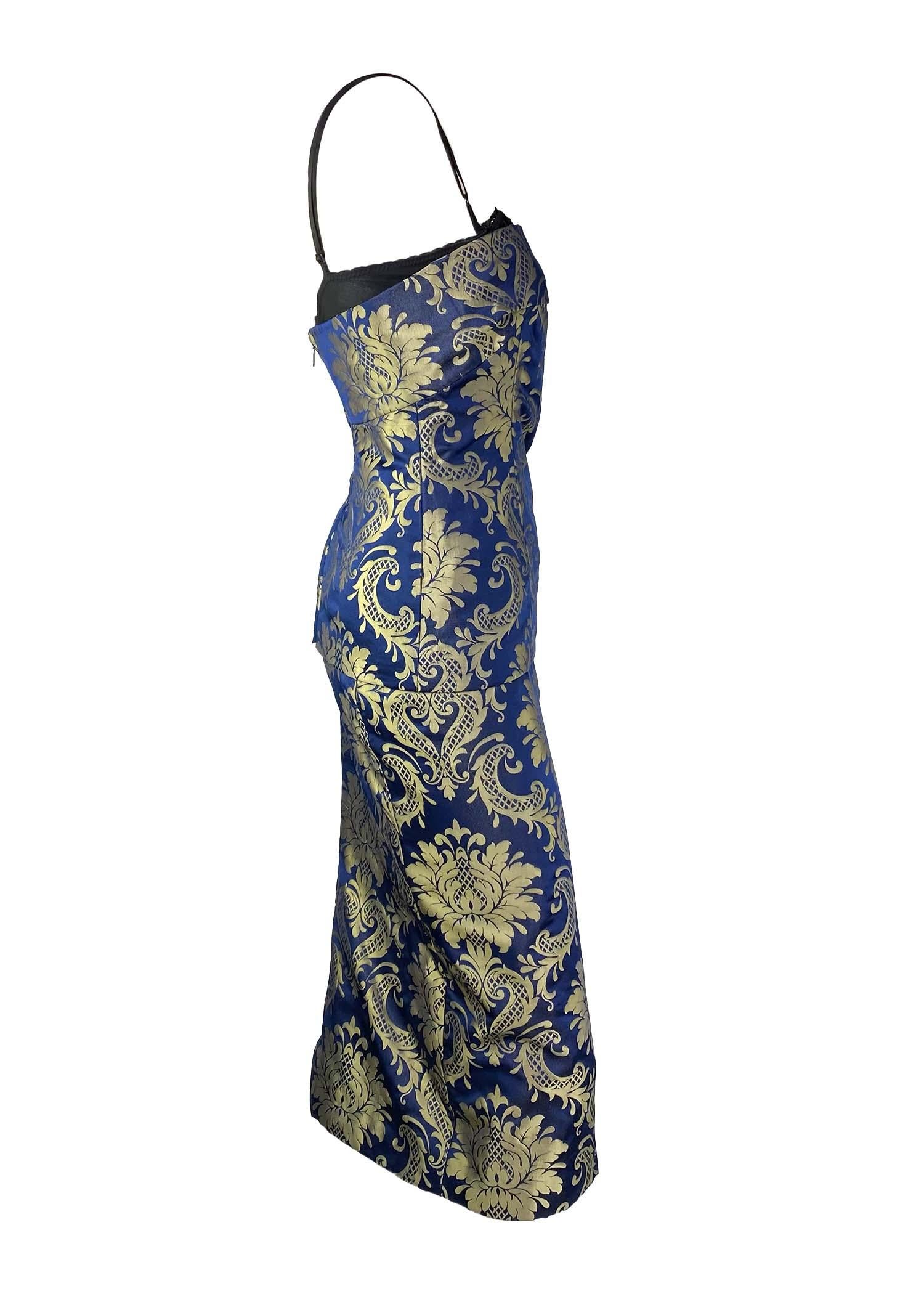 F/W 1998 Dolce & Gabbana Navy Gold Brocade Two Piece Dress Skirt Corset Set For Sale 1