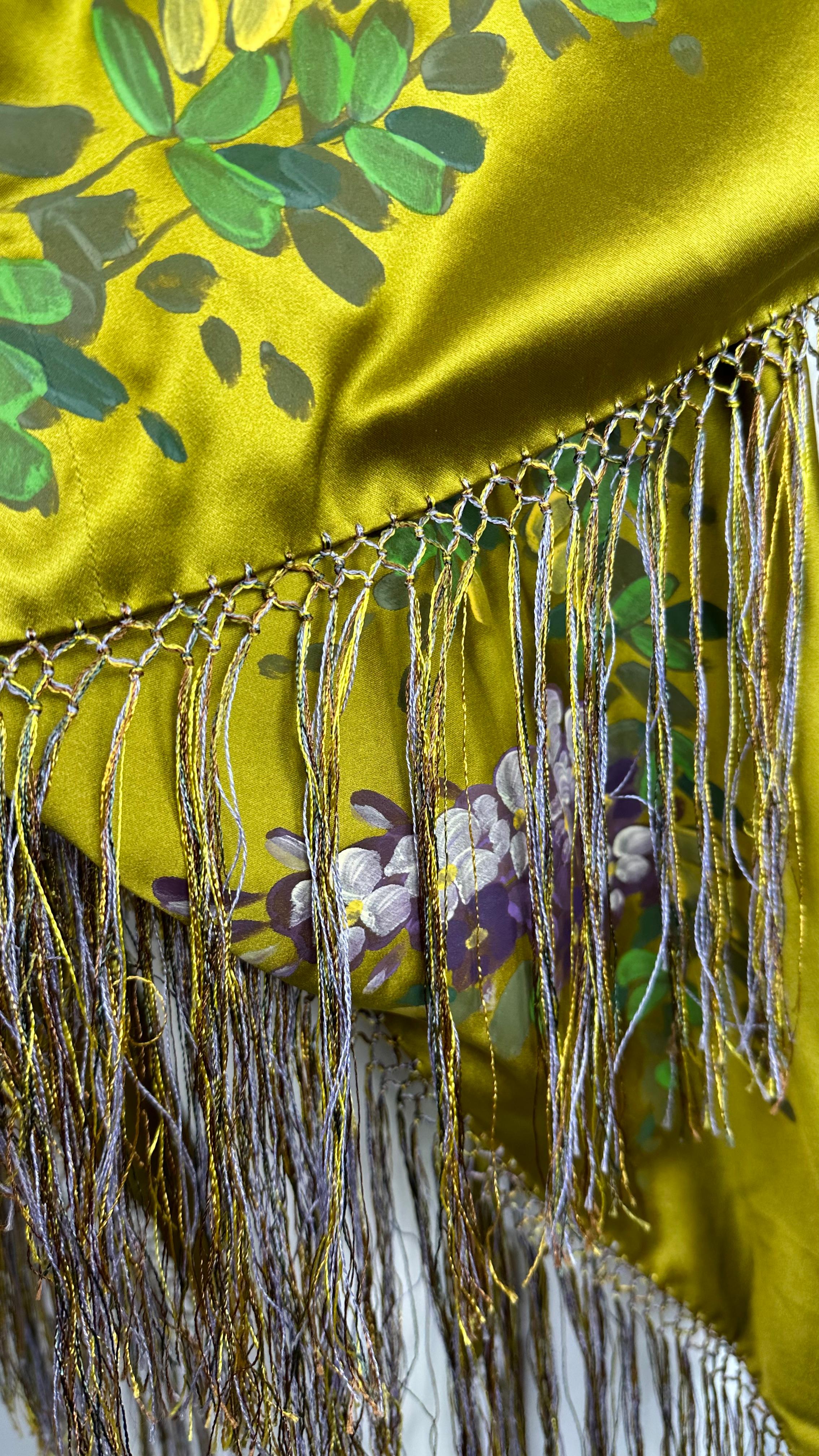F/W 1998 Dolce & Gabbana Runway Chartreuse Hand-Painted Floral Fringe Shawl For Sale 6