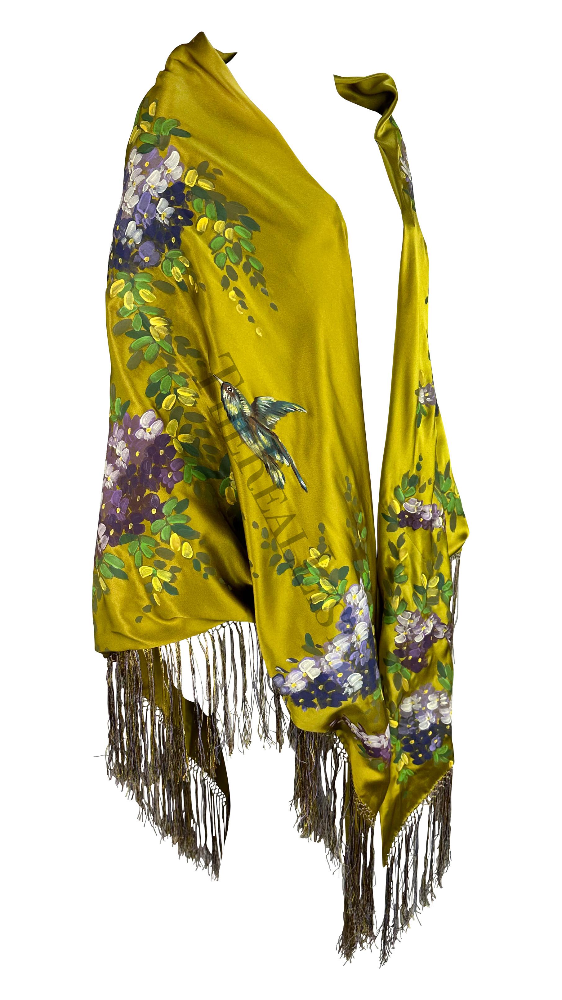 F/W 1998 Dolce & Gabbana Runway Chartreuse Hand-Painted Floral Fringe Shawl In Excellent Condition For Sale In West Hollywood, CA