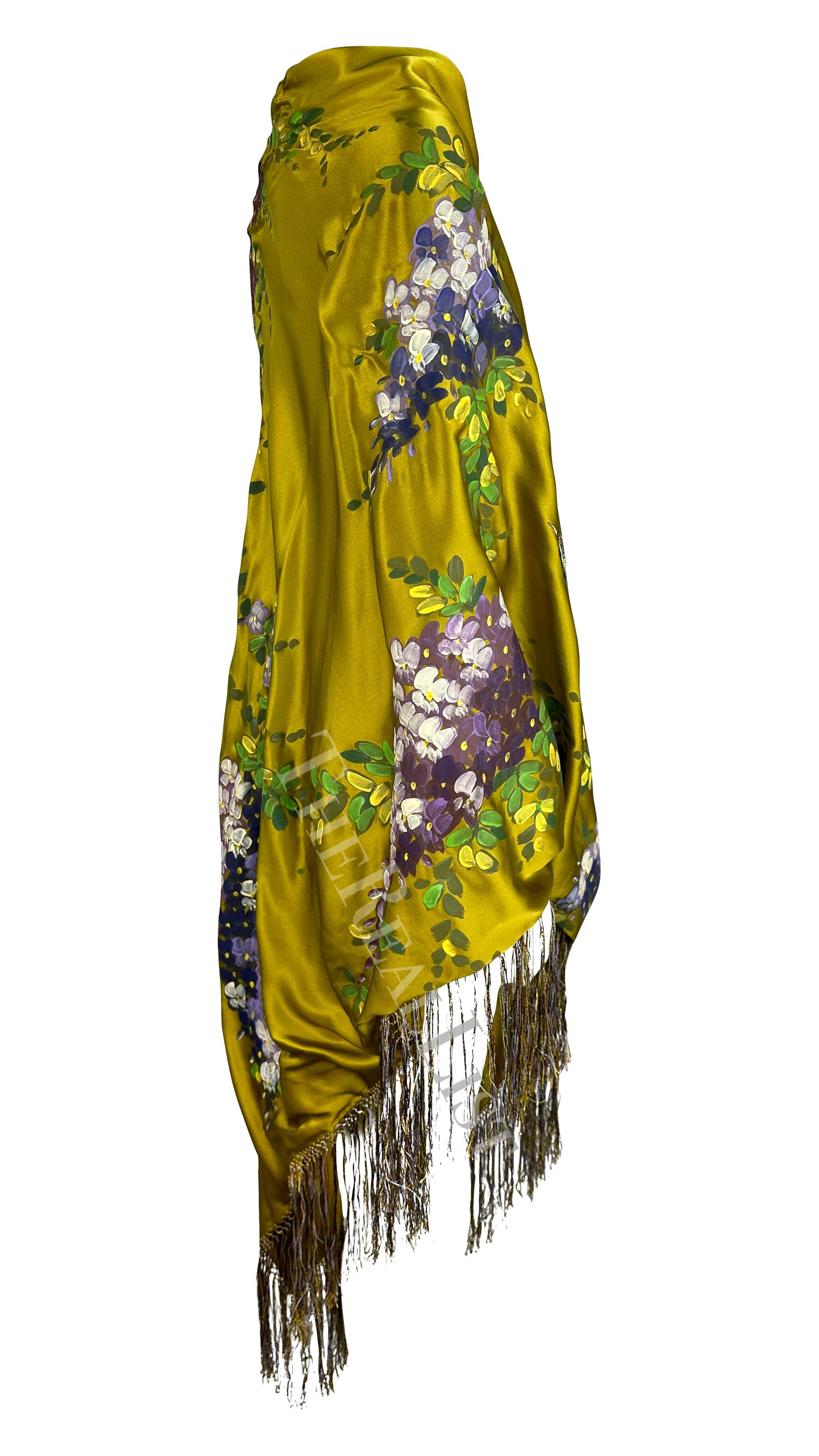 F/W 1998 Dolce & Gabbana Runway Chartreuse Hand-Painted Floral Fringe Shawl For Sale 1