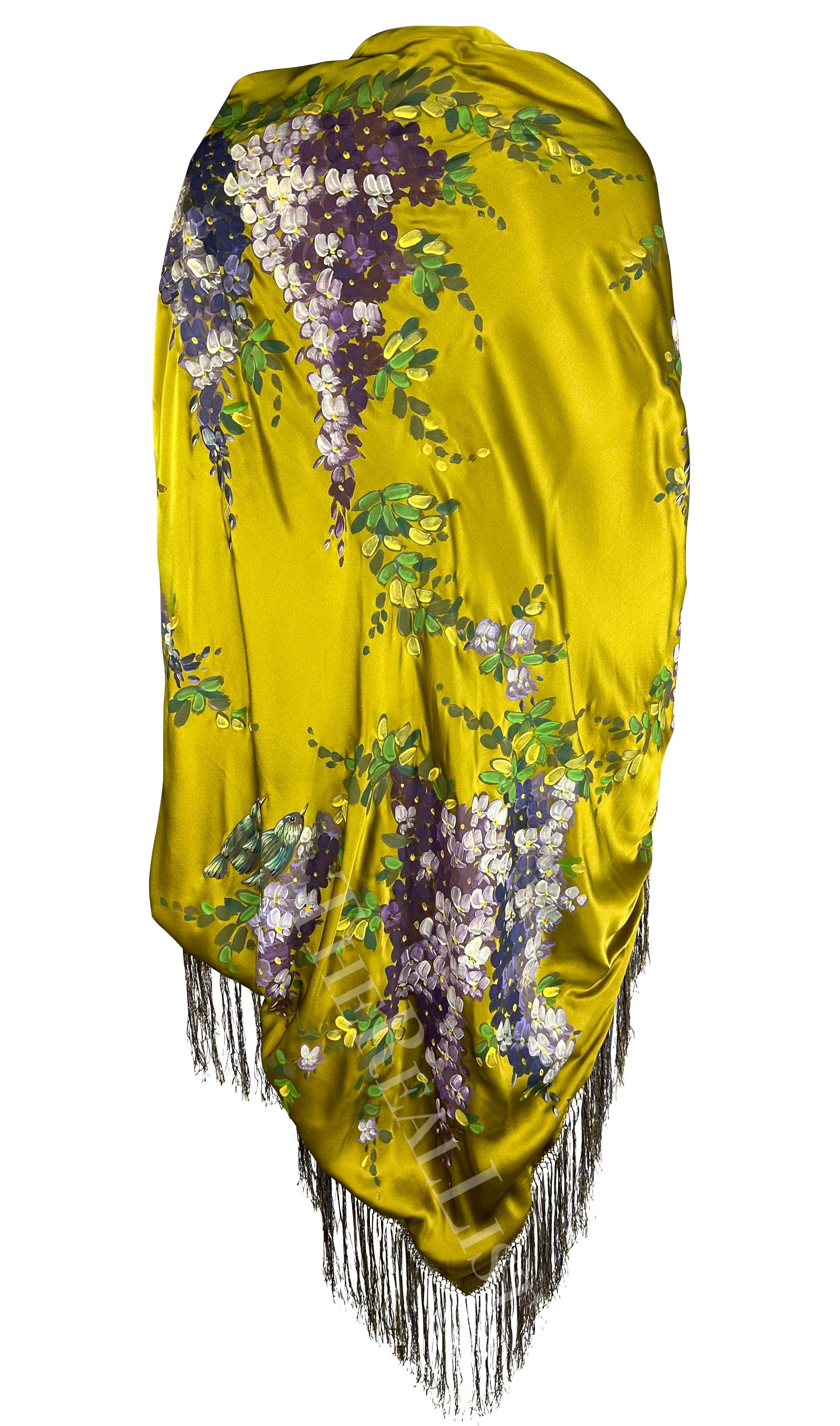 F/W 1998 Dolce & Gabbana Runway Chartreuse Hand-Painted Floral Fringe Shawl For Sale 2