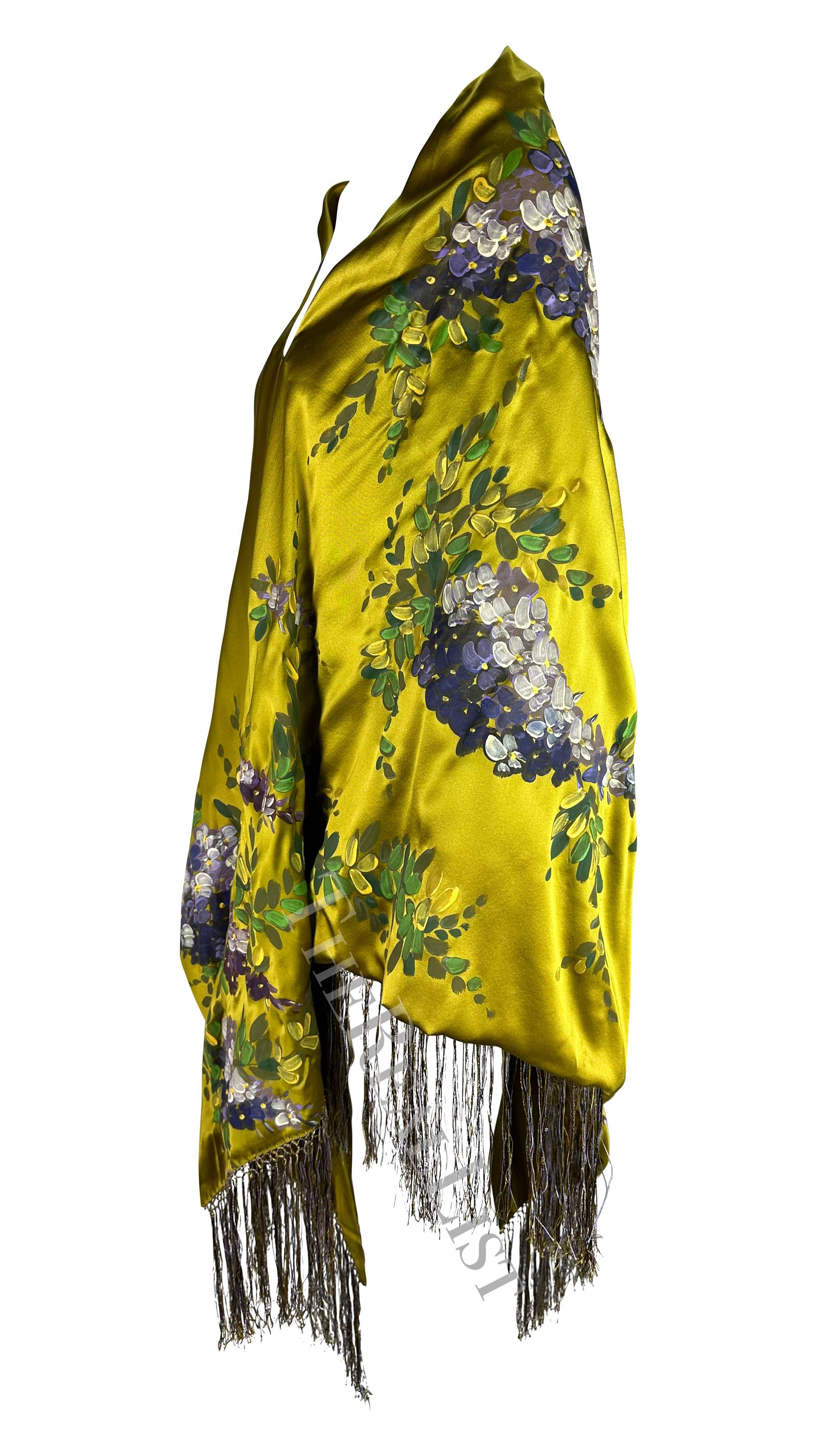 F/W 1998 Dolce & Gabbana Runway Chartreuse Hand-Painted Floral Fringe Shawl For Sale 4