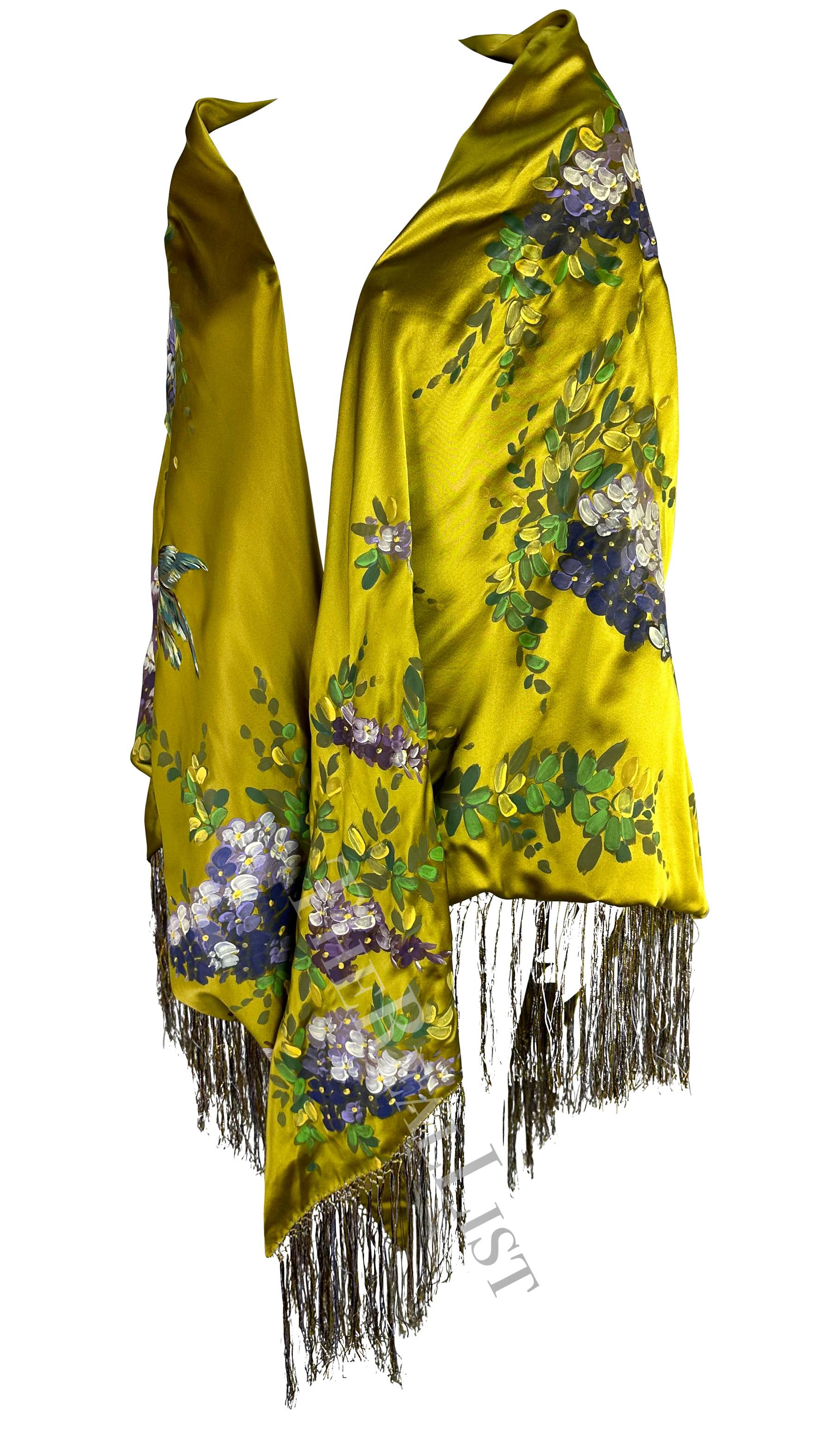 F/W 1998 Dolce & Gabbana Runway Chartreuse Hand-Painted Floral Fringe Shawl For Sale 5