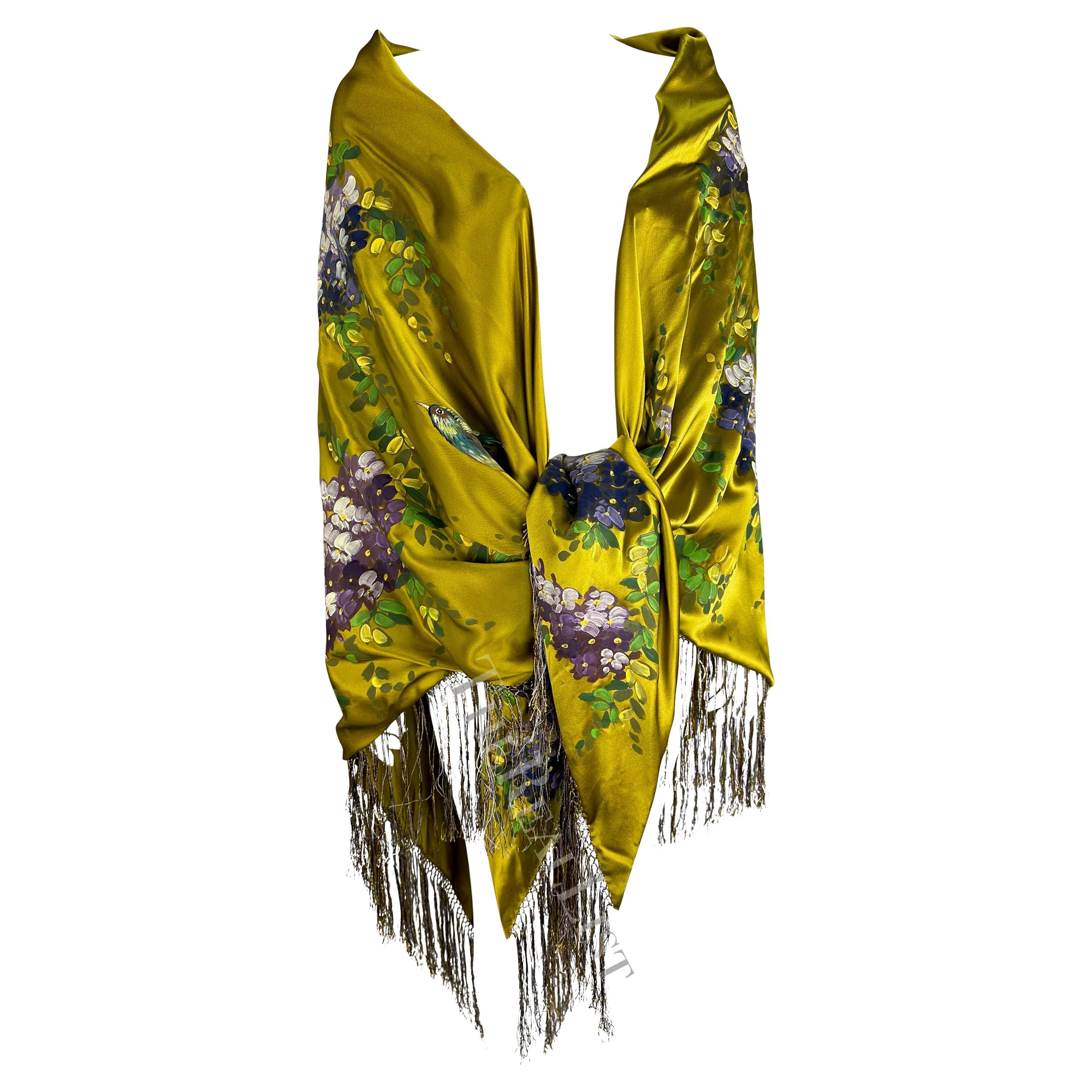 F/W 1998 Dolce & Gabbana Runway Chartreuse Hand-Painted Floral Fringe Shawl For Sale