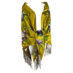 Retro F/W 1998 Dolce & Gabbana Runway Chartreuse Hand-Painted Floral Fringe Shawl