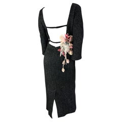 F/W 1998 Dolce & Gabbana Runway Dark Grey Wool Backless Flower Appliqué Dress