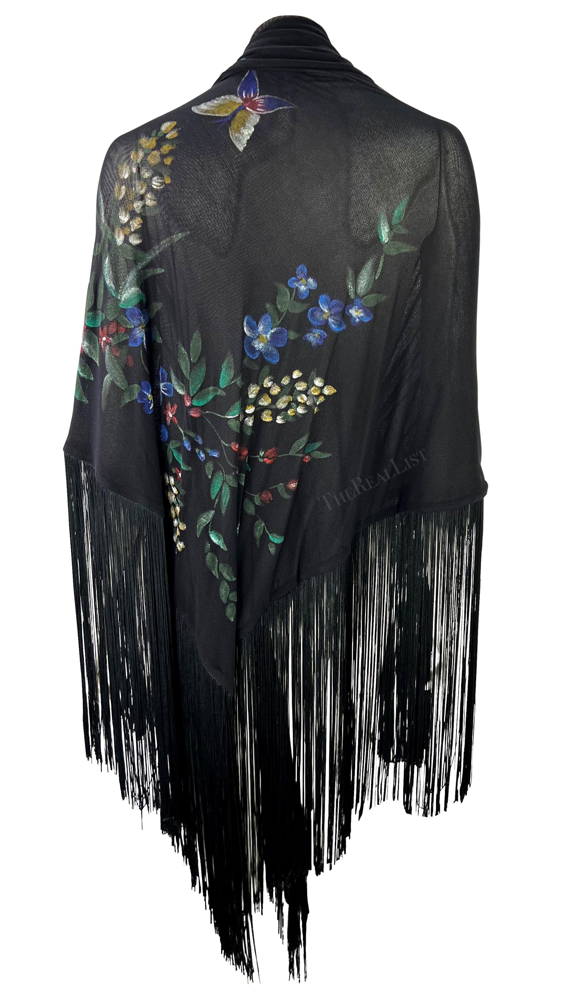 F/W 1998 Dolce & Gabbana Runway Floral Hand-Painted Sheer Mesh Fringe Shawl For Sale 6