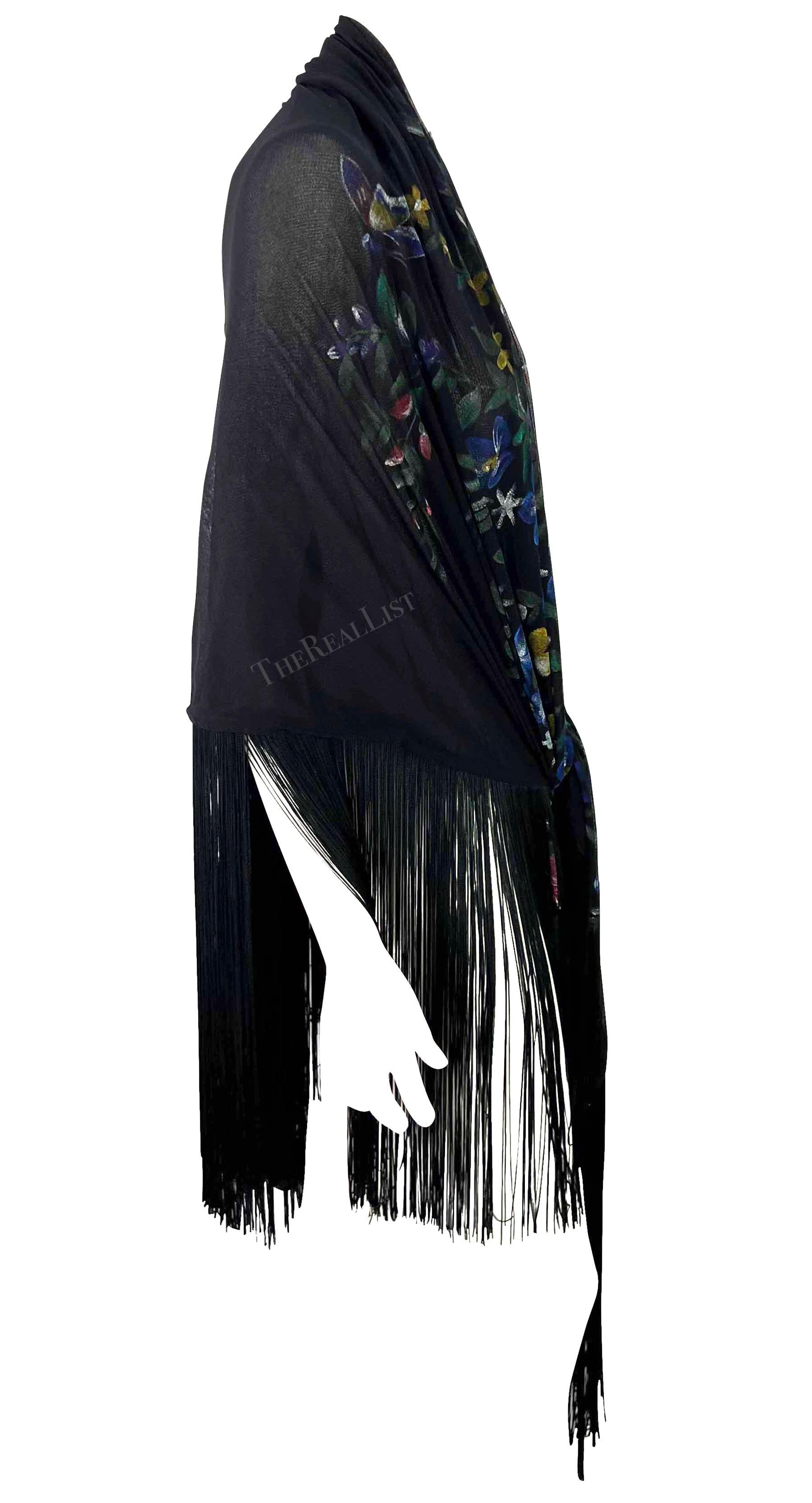 F/W 1998 Dolce & Gabbana Runway Floral Hand-Painted Sheer Mesh Fringe Shawl For Sale 7