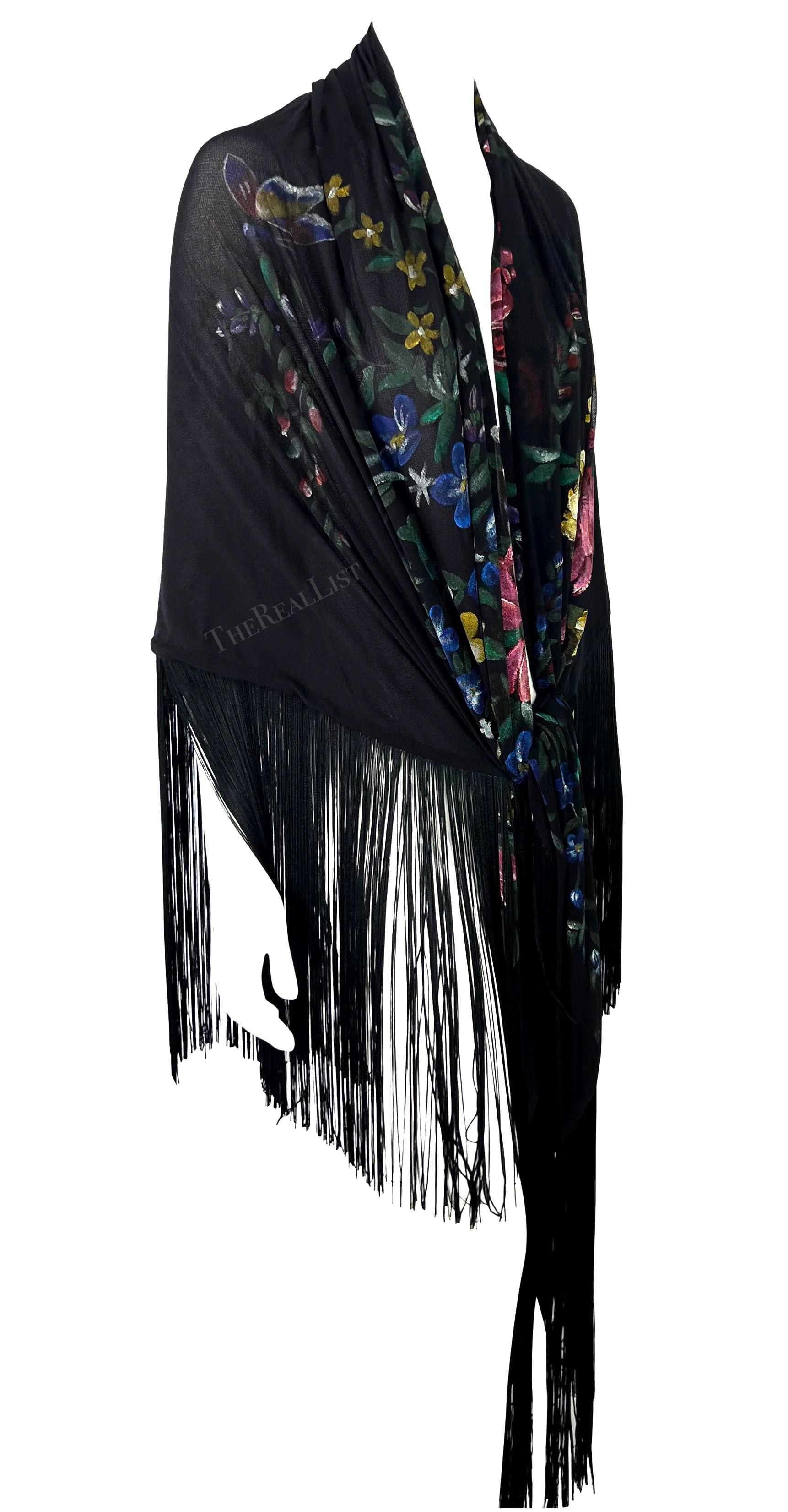 F/W 1998 Dolce & Gabbana Runway Floral Hand-Painted Sheer Mesh Fringe Shawl For Sale 8