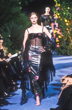 F/W 1998 Dolce & Gabbana Runway Floral Hand-Painted Sheer Mesh Fringe Shawl