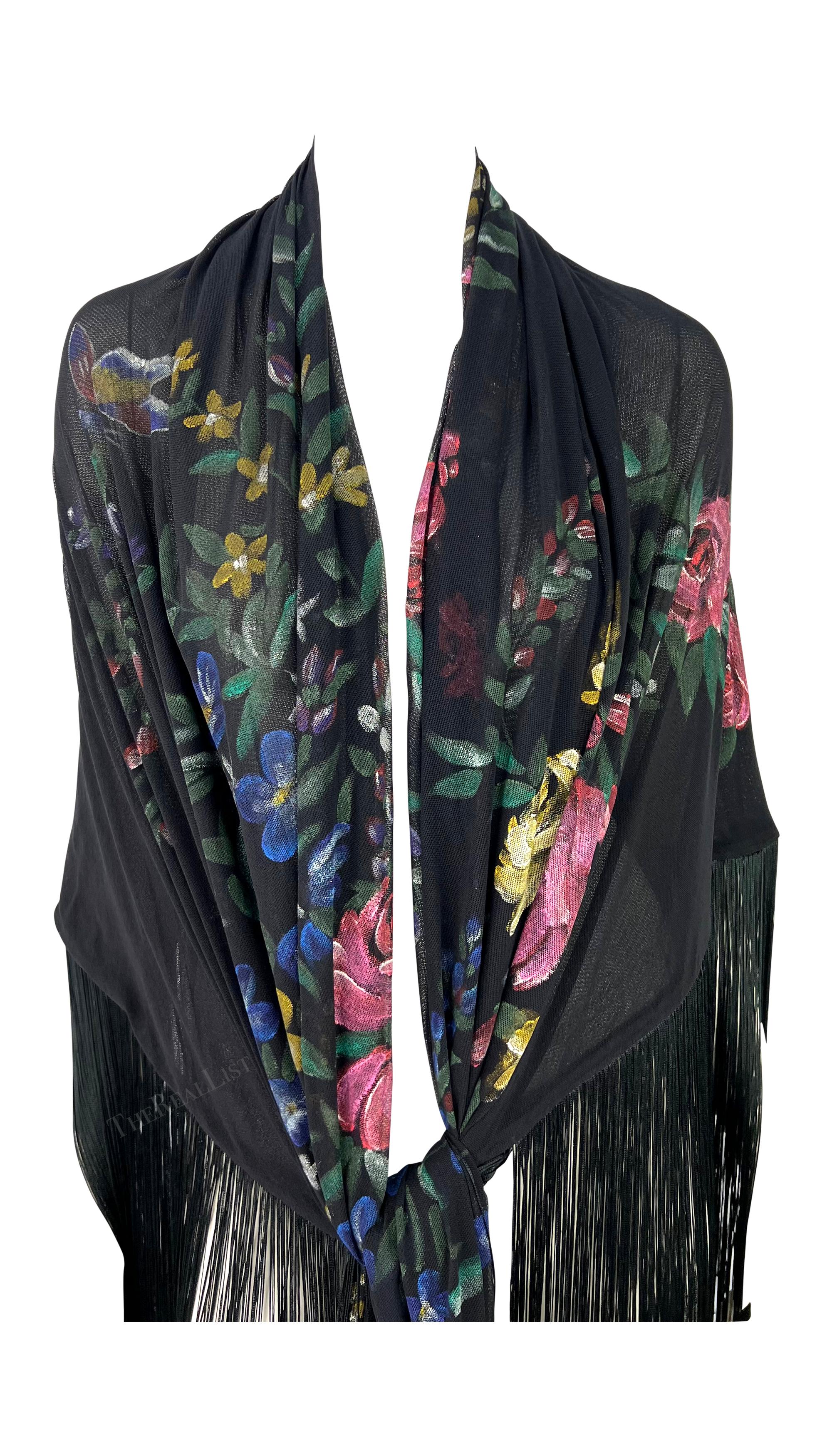 F/W 1998 Dolce & Gabbana Runway Floral Hand-Painted Sheer Mesh Fringe Shawl In Excellent Condition For Sale In West Hollywood, CA