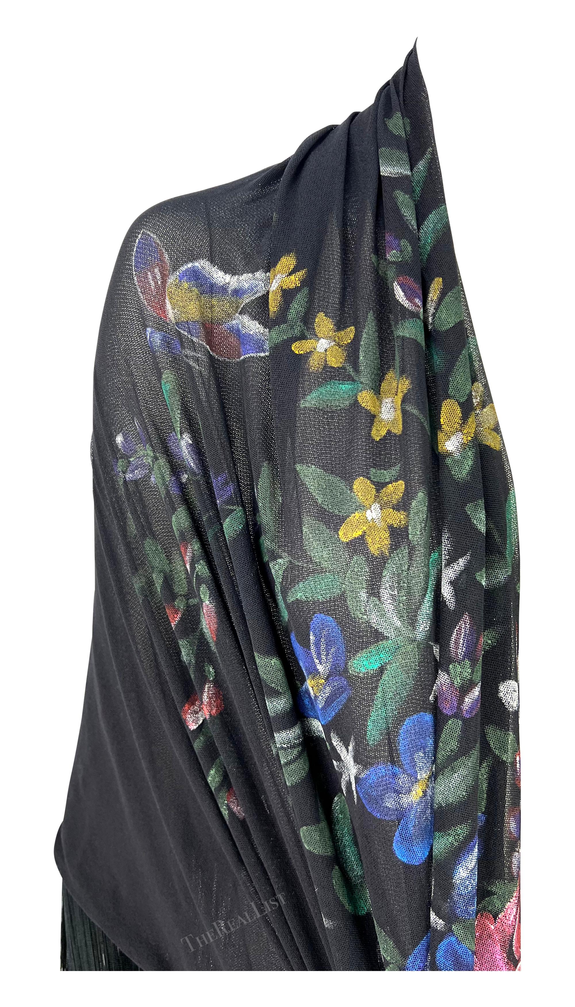 F/W 1998 Dolce & Gabbana Runway Floral Hand-Painted Sheer Mesh Fringe Shawl For Sale 1